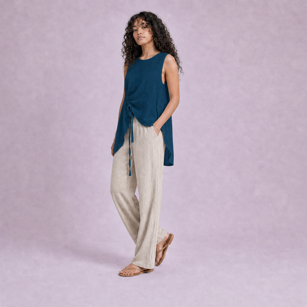 Linen Drawstring Top in Blue Teal, Ratń Swamini