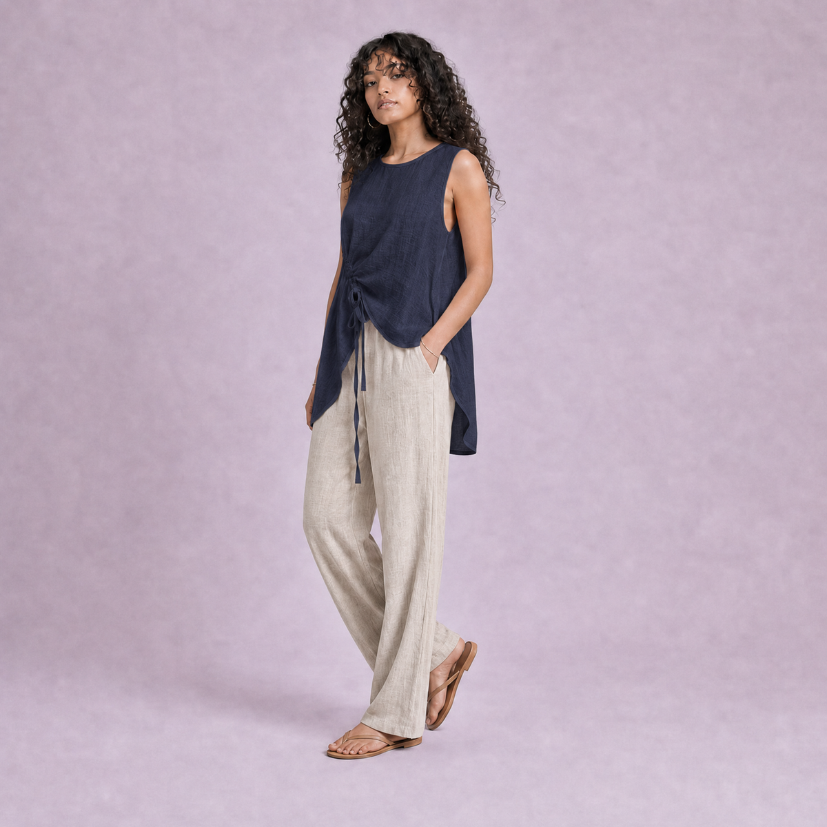 Linen Drawstring Top in Navy Blue, Ratń Swamini