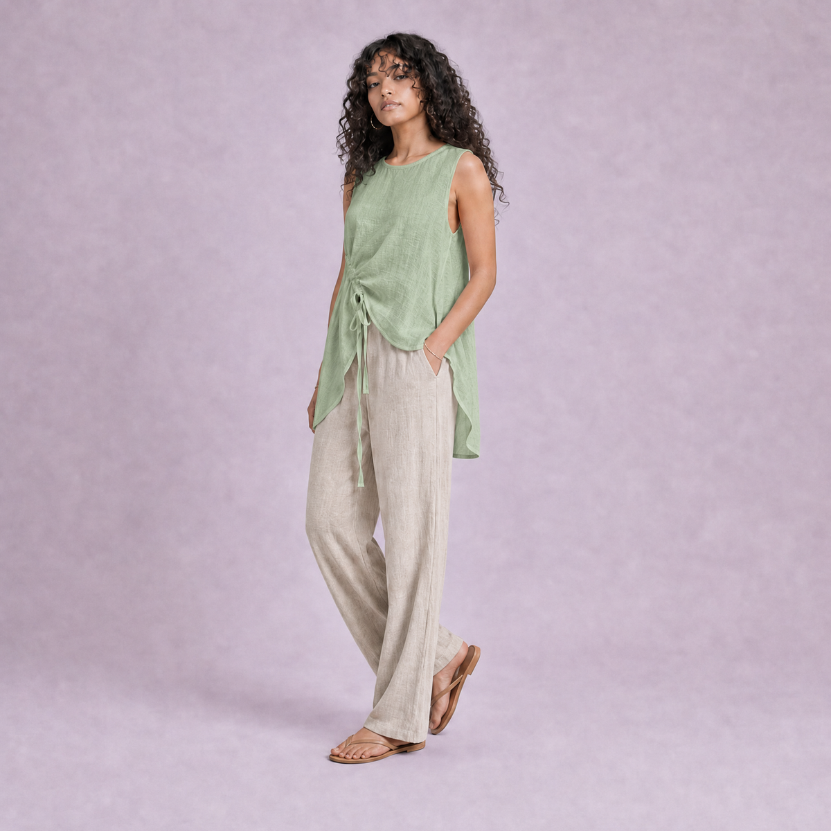Linen Drawstring Top in Sage Green, Ratń Swamini