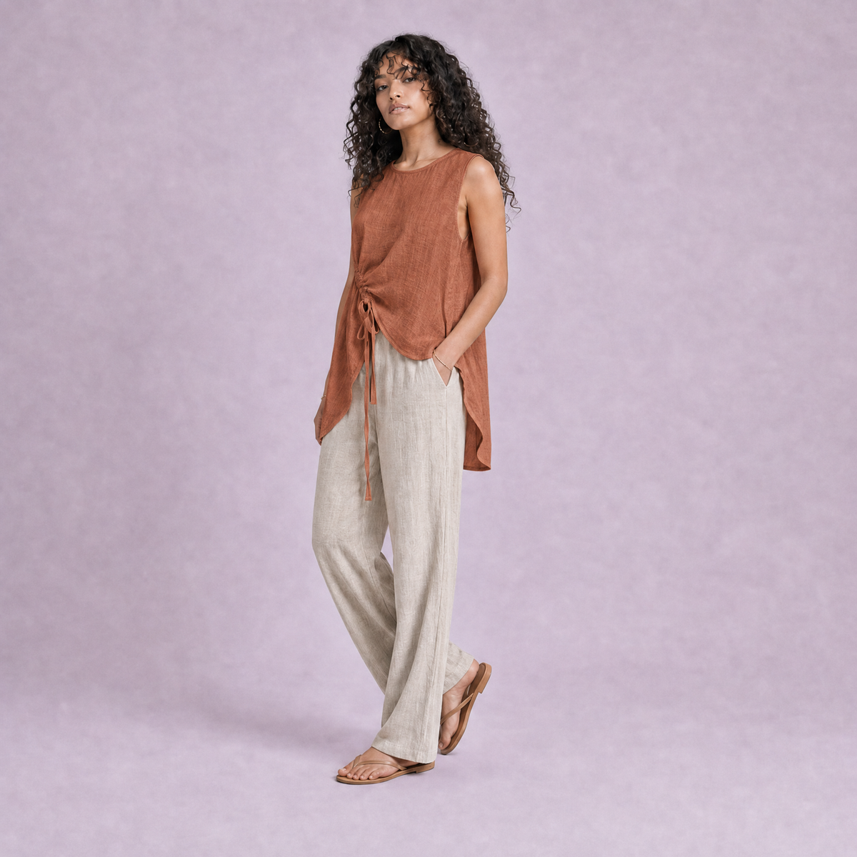 Linen Drawstring Top in Terracotta, Ratń Swamini
