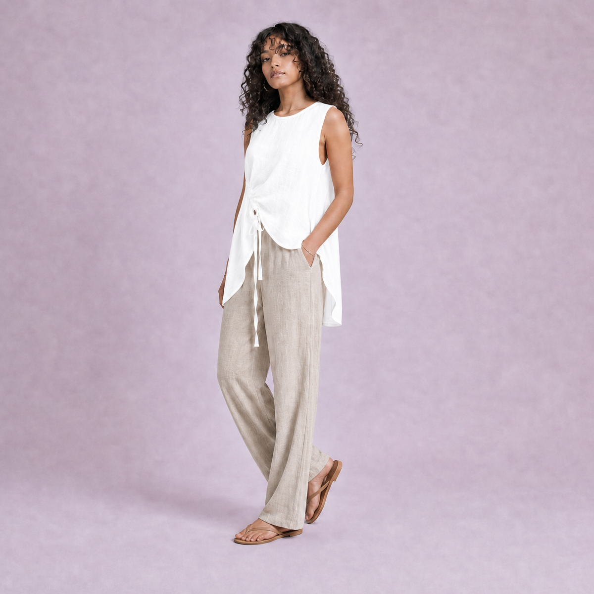 Linen Drawstring Top in White, Ratń Swamini