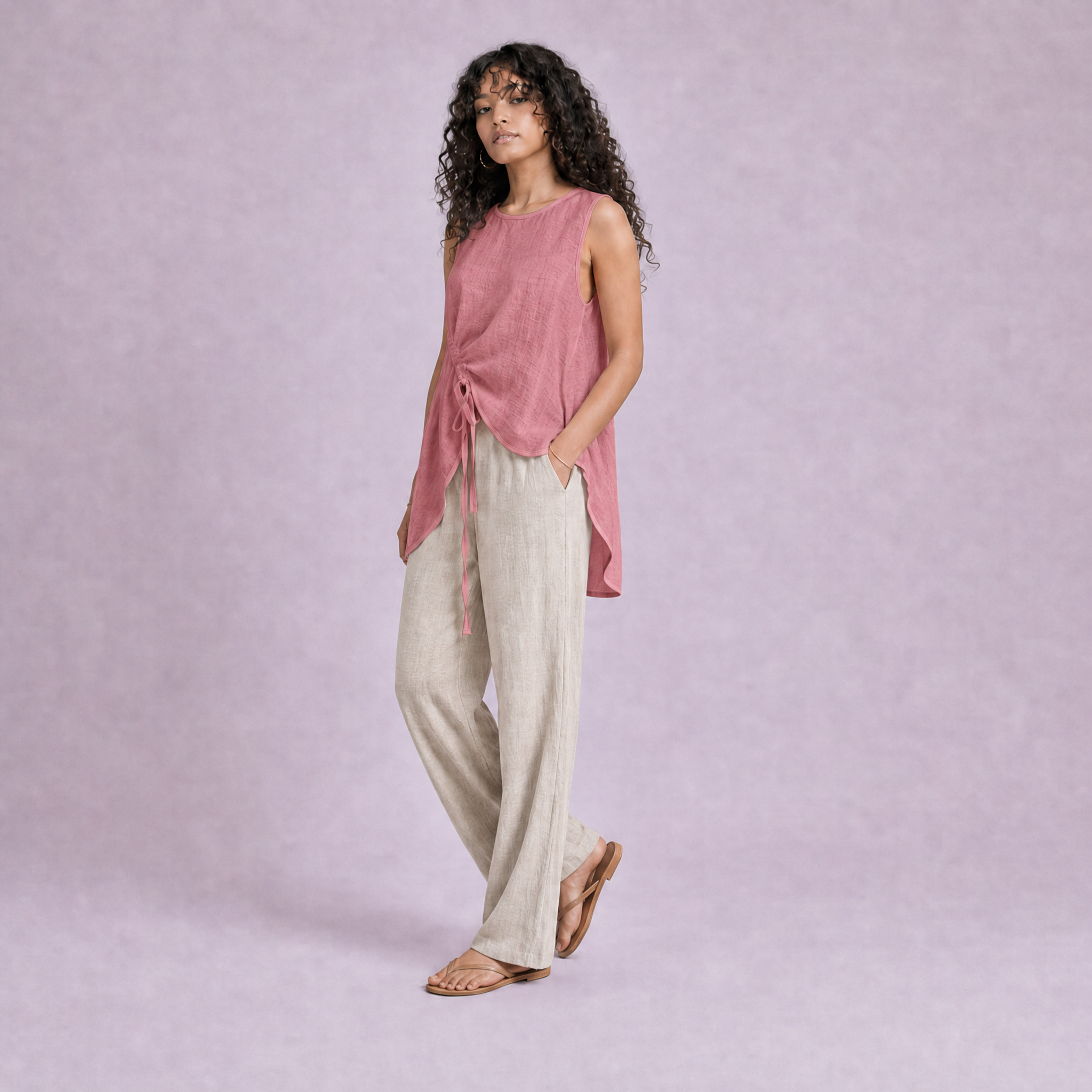 Linen Drawstring Top in Dusty Rose, Ratń Swamini