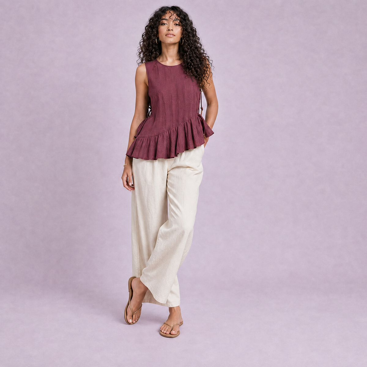 Linen Peplum Top in Garnet, Ratń Swamini