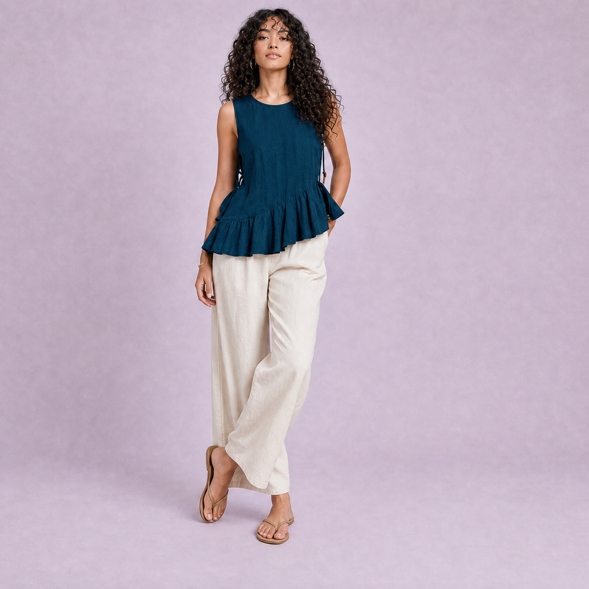 Linen Peplum Top in Blue Teal, Ratń Swamini