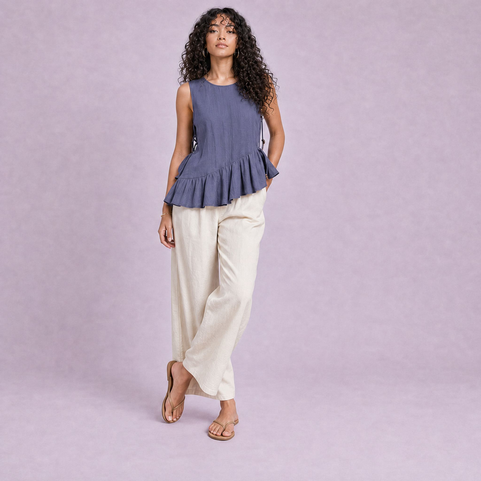 Linen Peplum Top in Slate Periwinkle Blue, Ratń Swamini