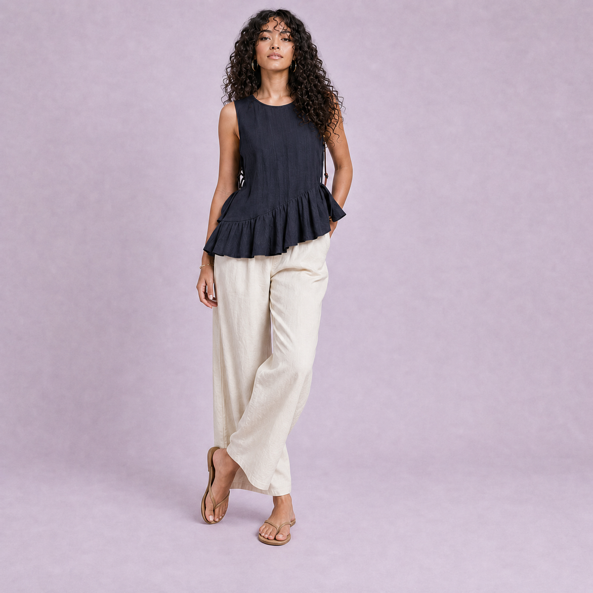 Linen Peplum Top in Navy Blue, Ratń Swamini