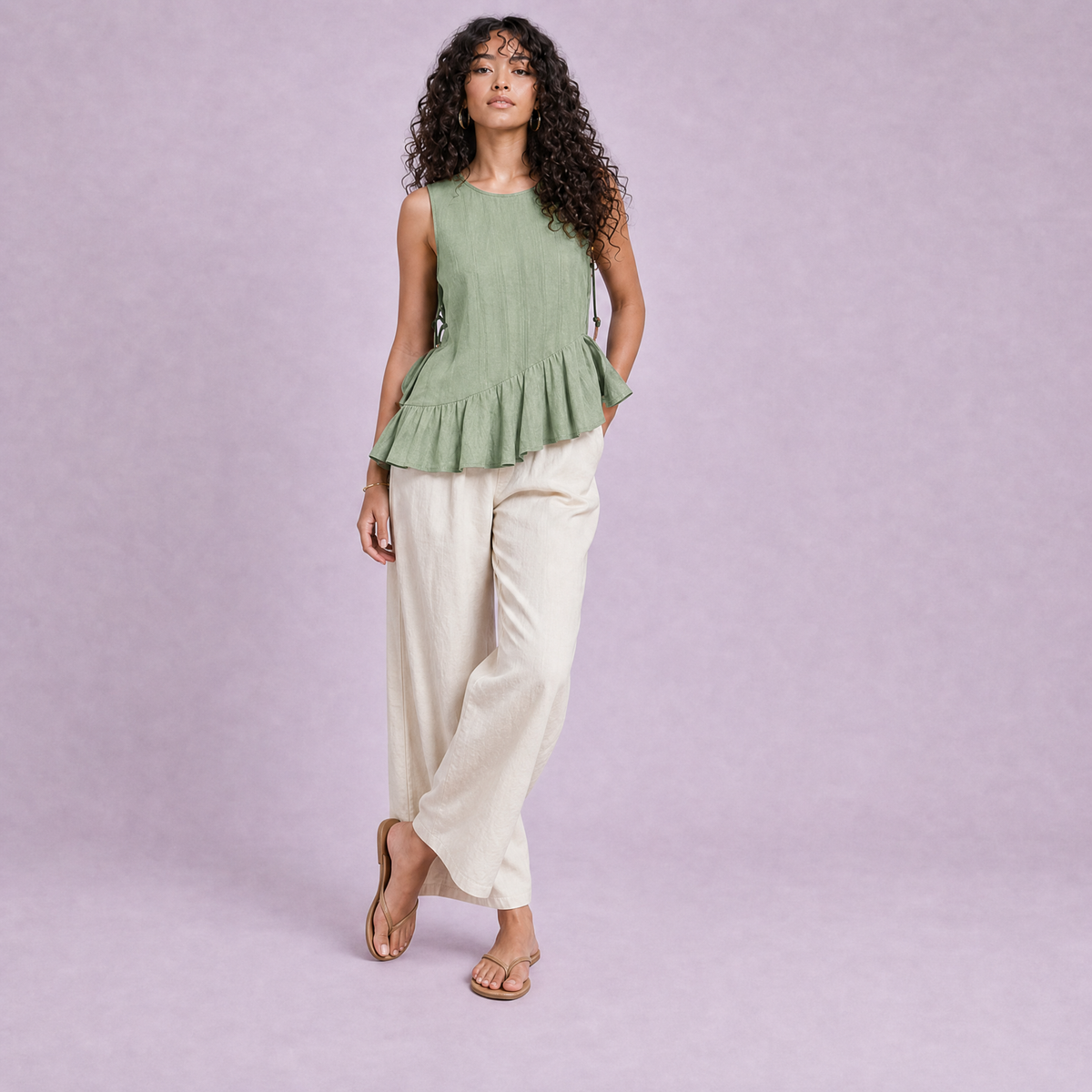 Linen Peplum Top in Sage Green, Ratń Swamini