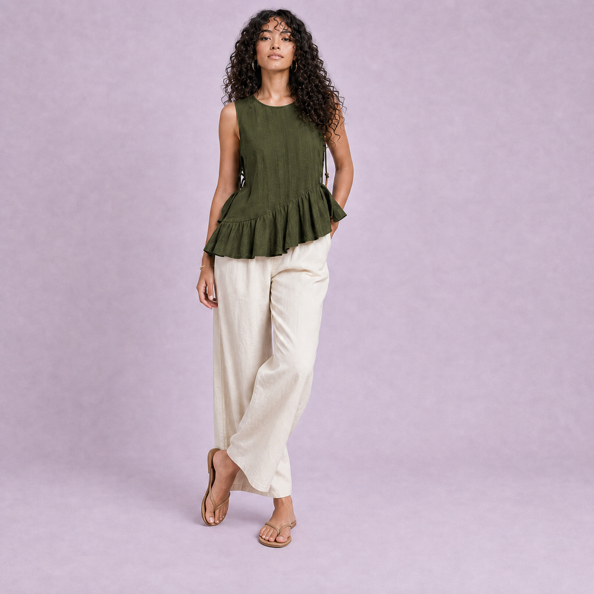 Linen Peplum Top in Moss Green, Ratń Swamini