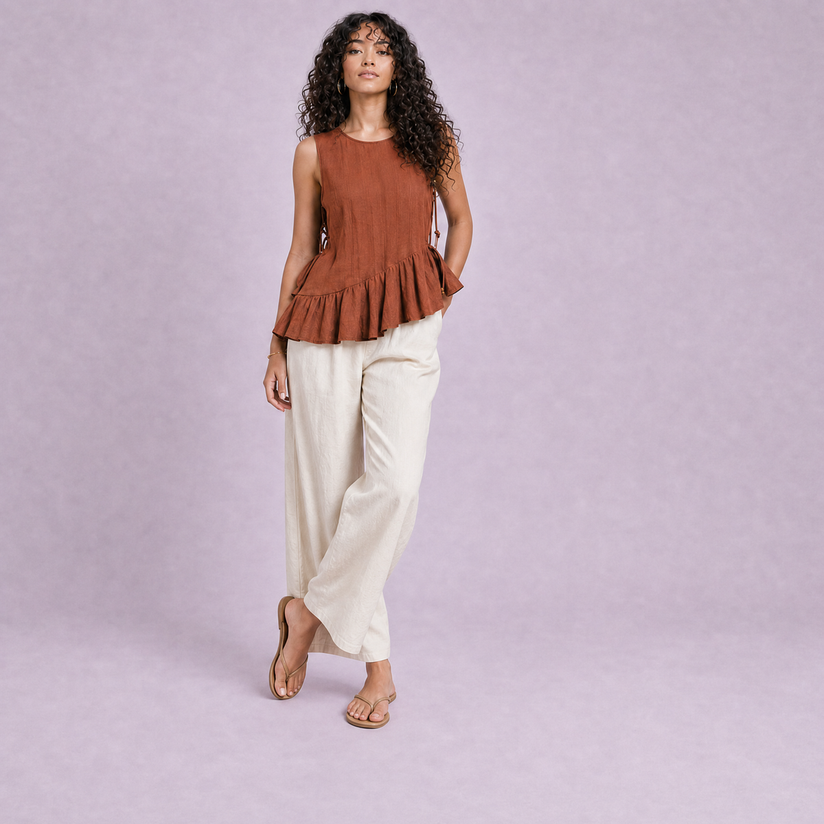 Linen Peplum Top in Terracotta, Ratń Swamini