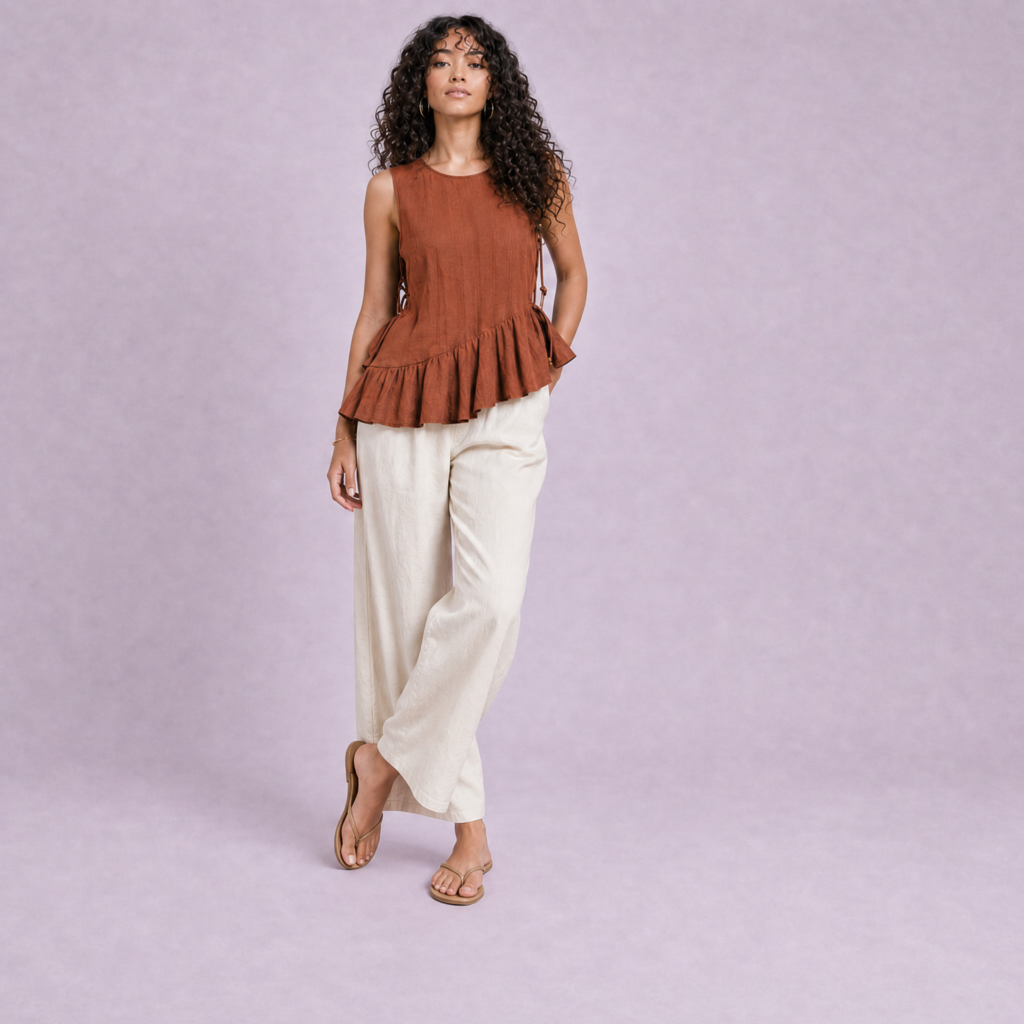 Linen Peplum Top in Terracotta, Ratń Swamini
