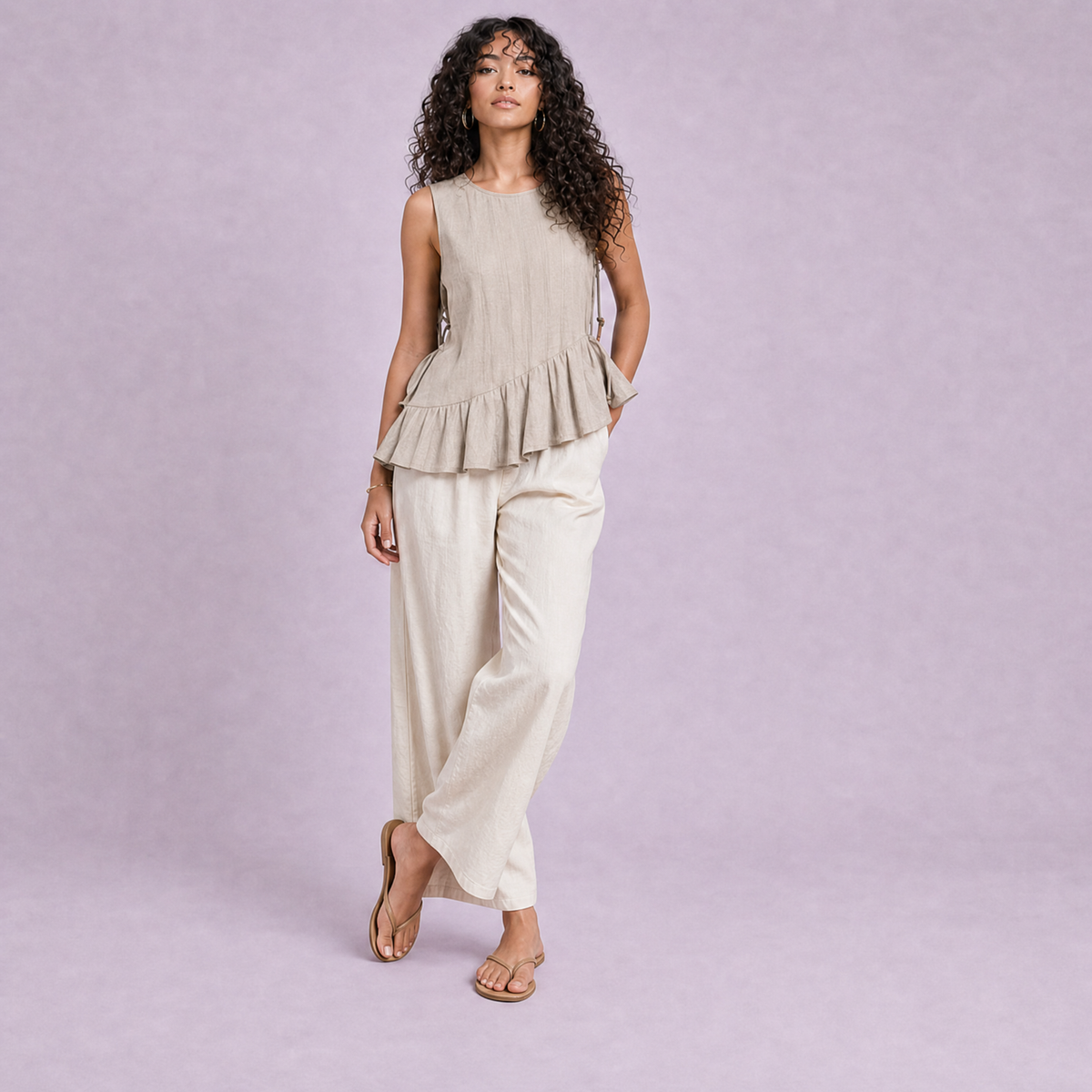 Linen Peplum Top in Natural, Ratń Swamini