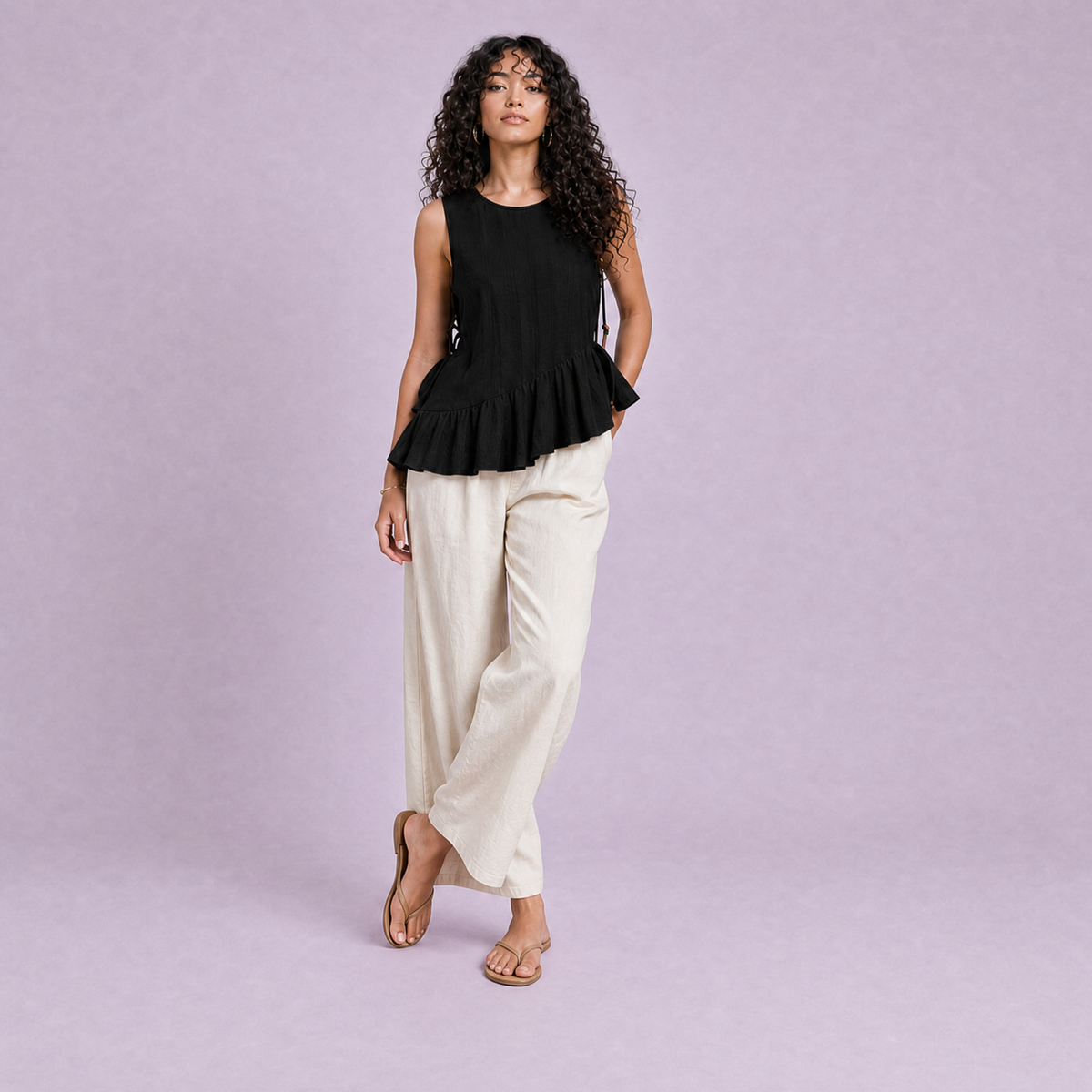 Linen Peplum Top in Black, Ratń Swamini