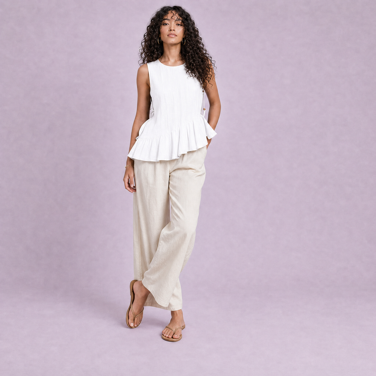 Linen Peplum Top in White, Ratń Swamini