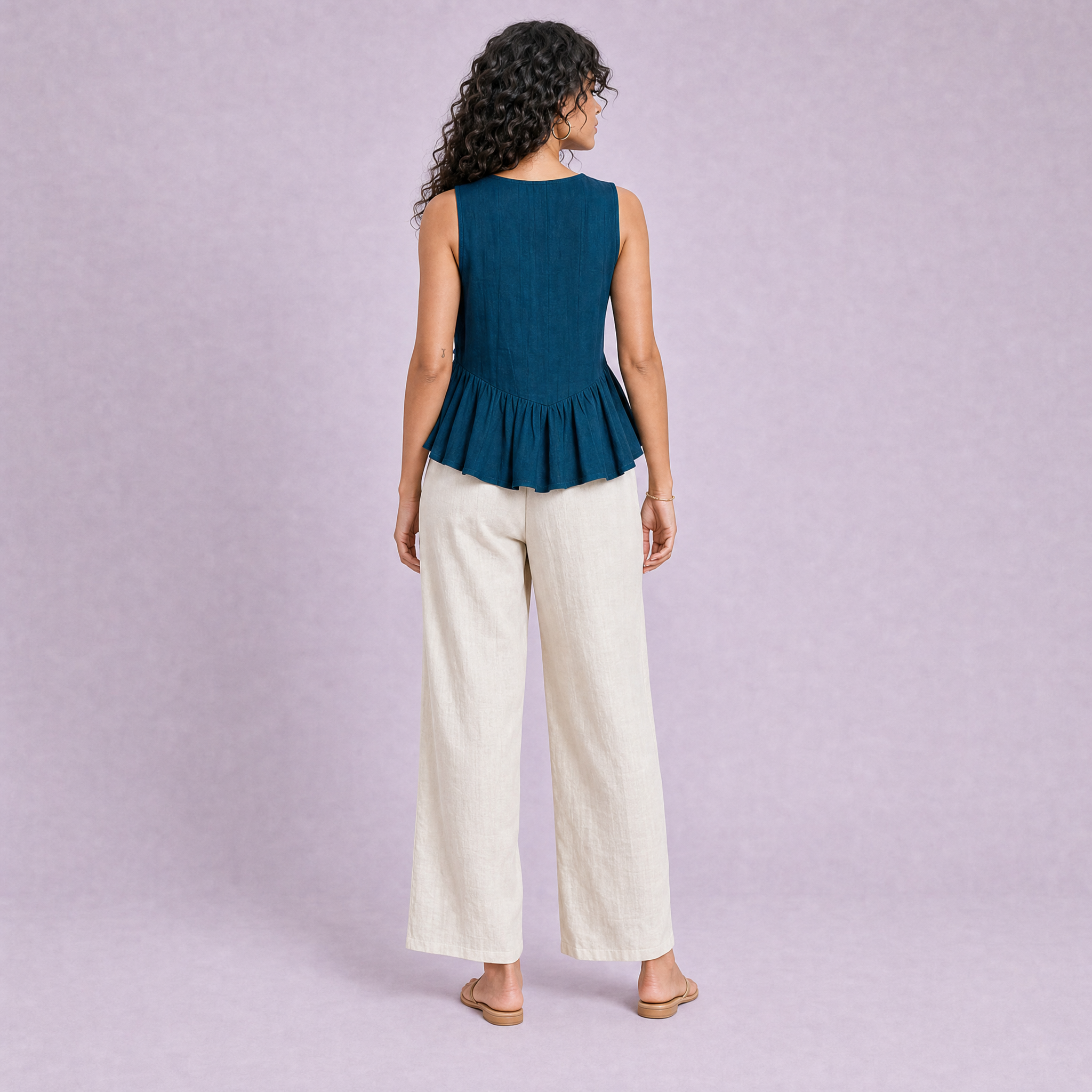 Linen Peplum Top in Blue Teal, Ratń Swamini