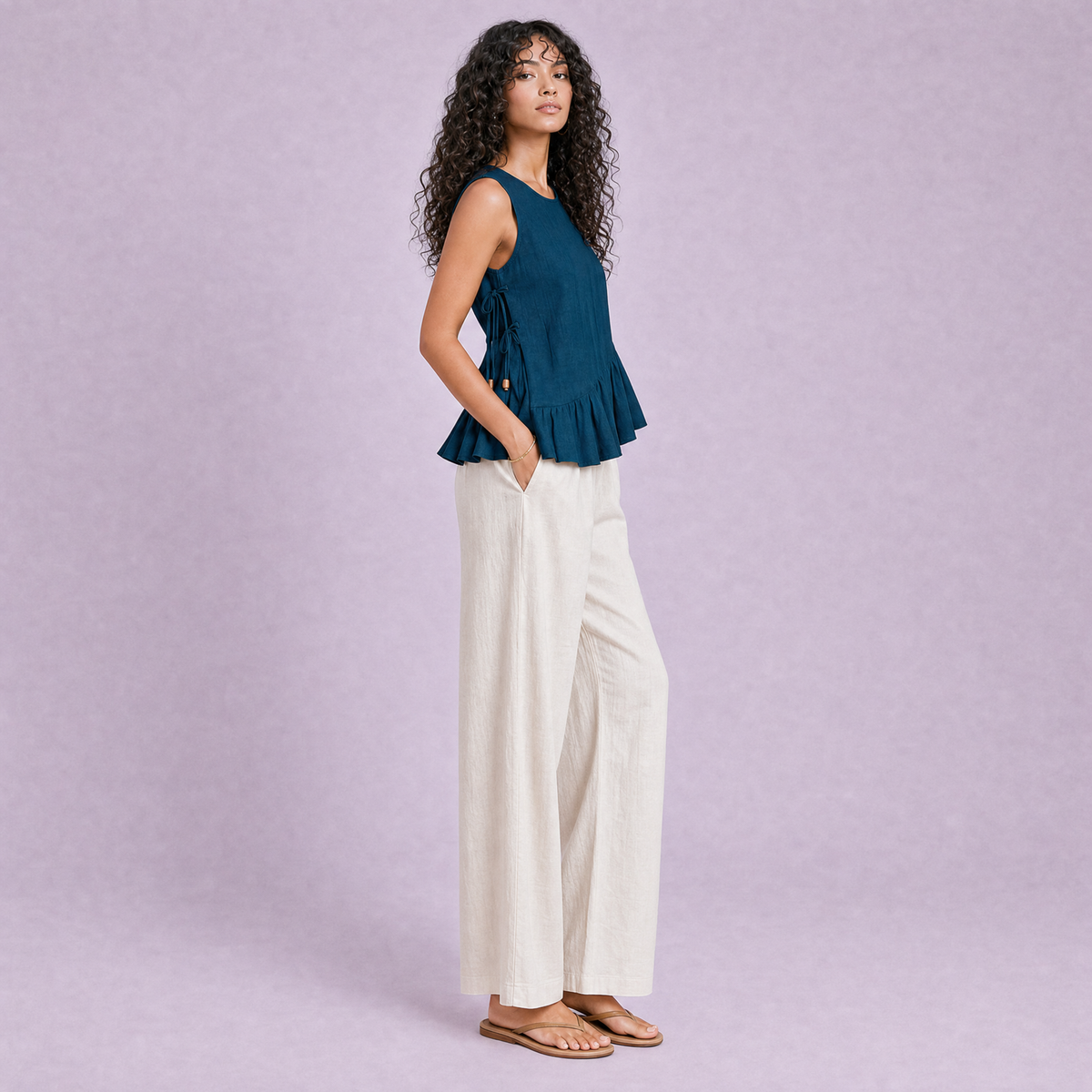 Linen Peplum Top in Blue Teal, Ratń Swamini