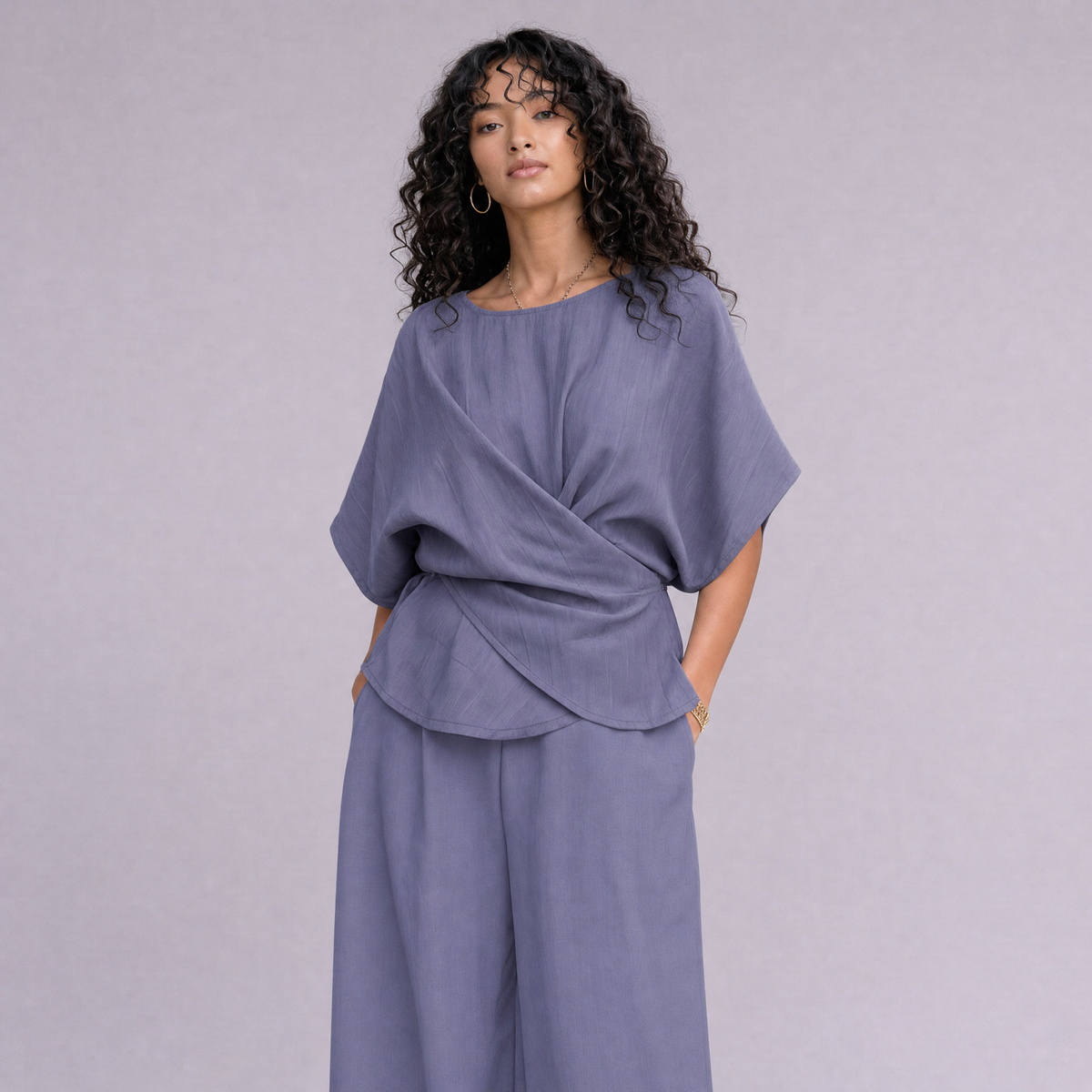 Linen Wrap-Front Top & Wide Leg Trouser Co-ord Set in Slate Periwinkle Blue, Ratń Swamini