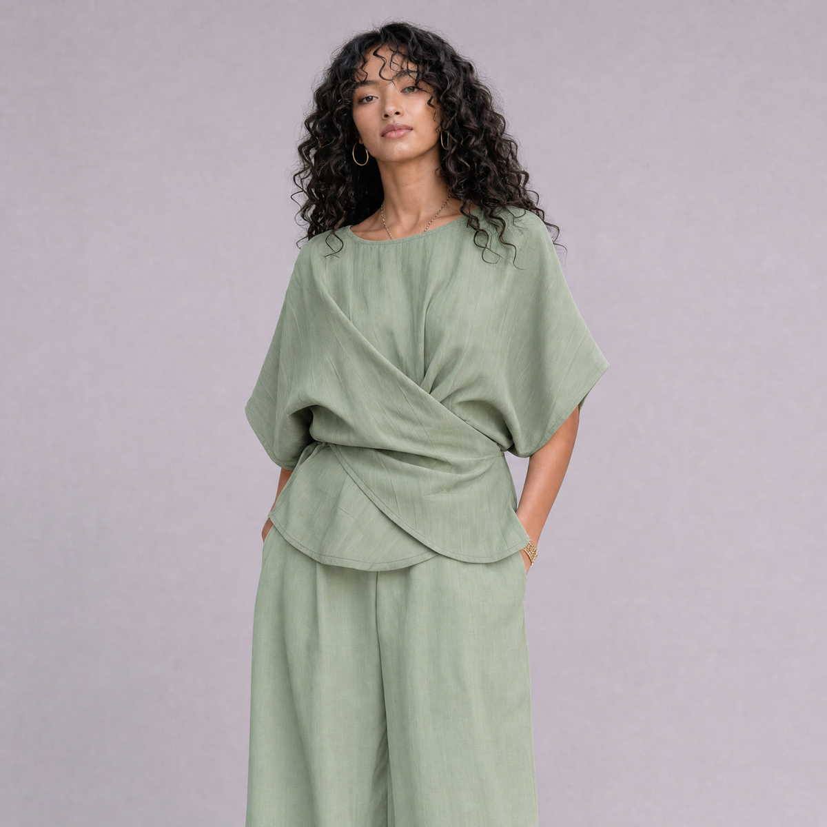 Linen Wrap-Front Top & Wide Leg Trouser Co-ord Set in Sage Green, Ratń Swamini