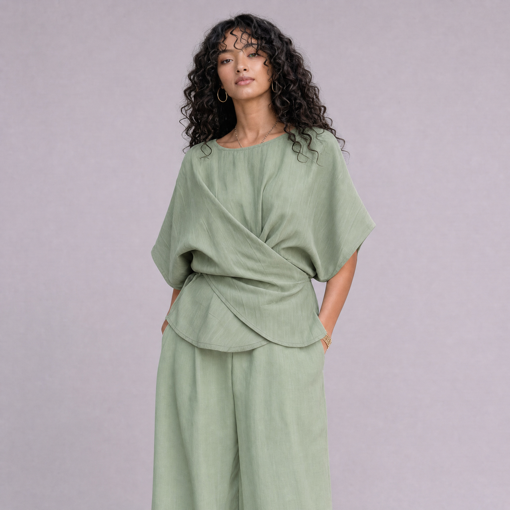 Linen Wrap-Front Top & Wide Leg Trouser Co-ord Set in Sage Green, Ratń Swamini