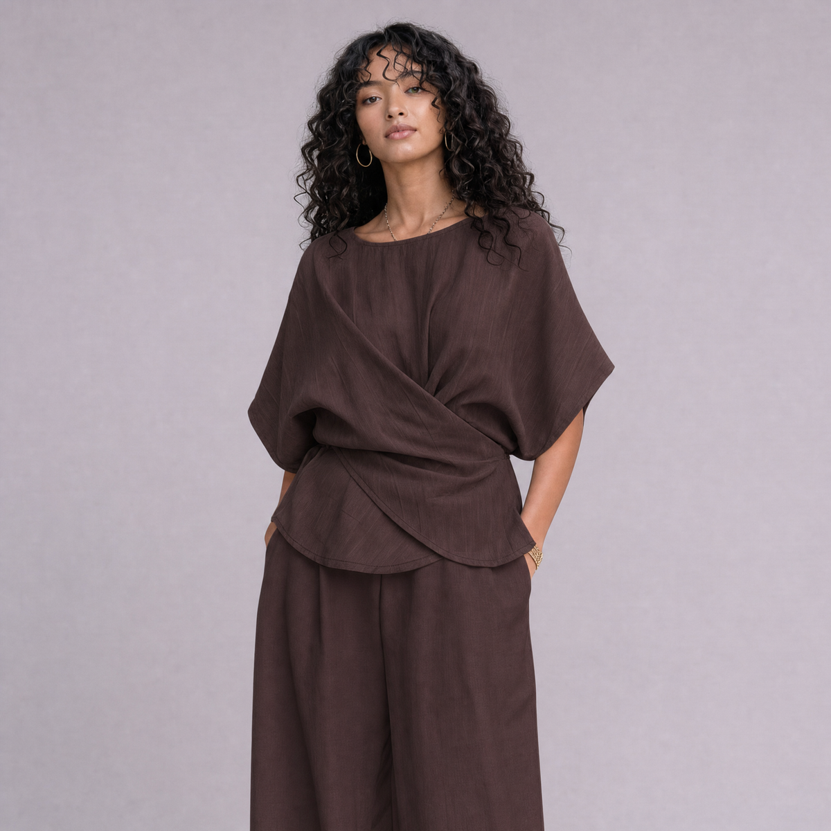 Linen Wrap-Front Top & Wide Leg Trouser Co-ord Set in Chocolate Brown, Ratń Swamini