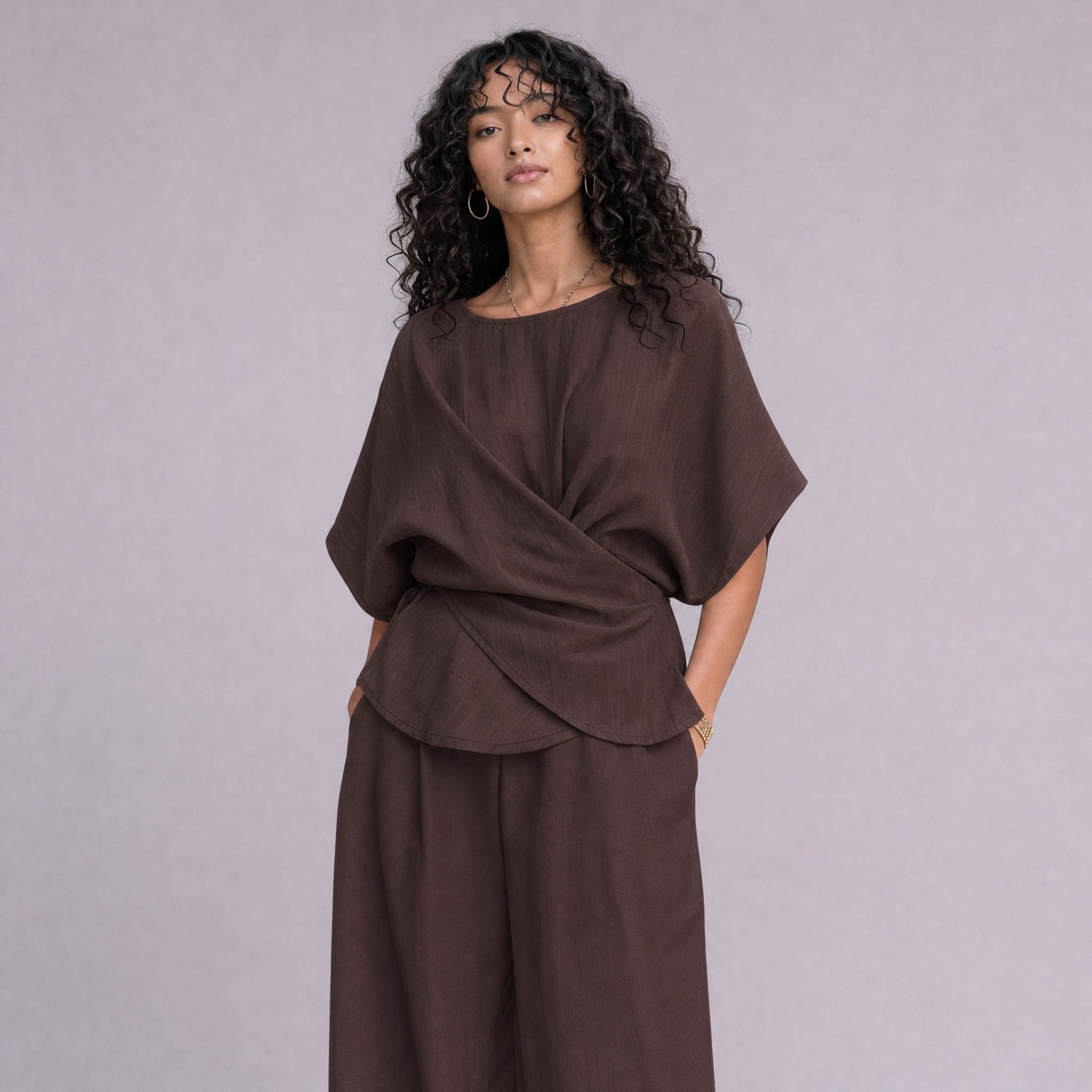 Linen Wrap-Front Top & Wide Leg Trouser Co-ord Set in Chocolate Brown, Ratń Swamini