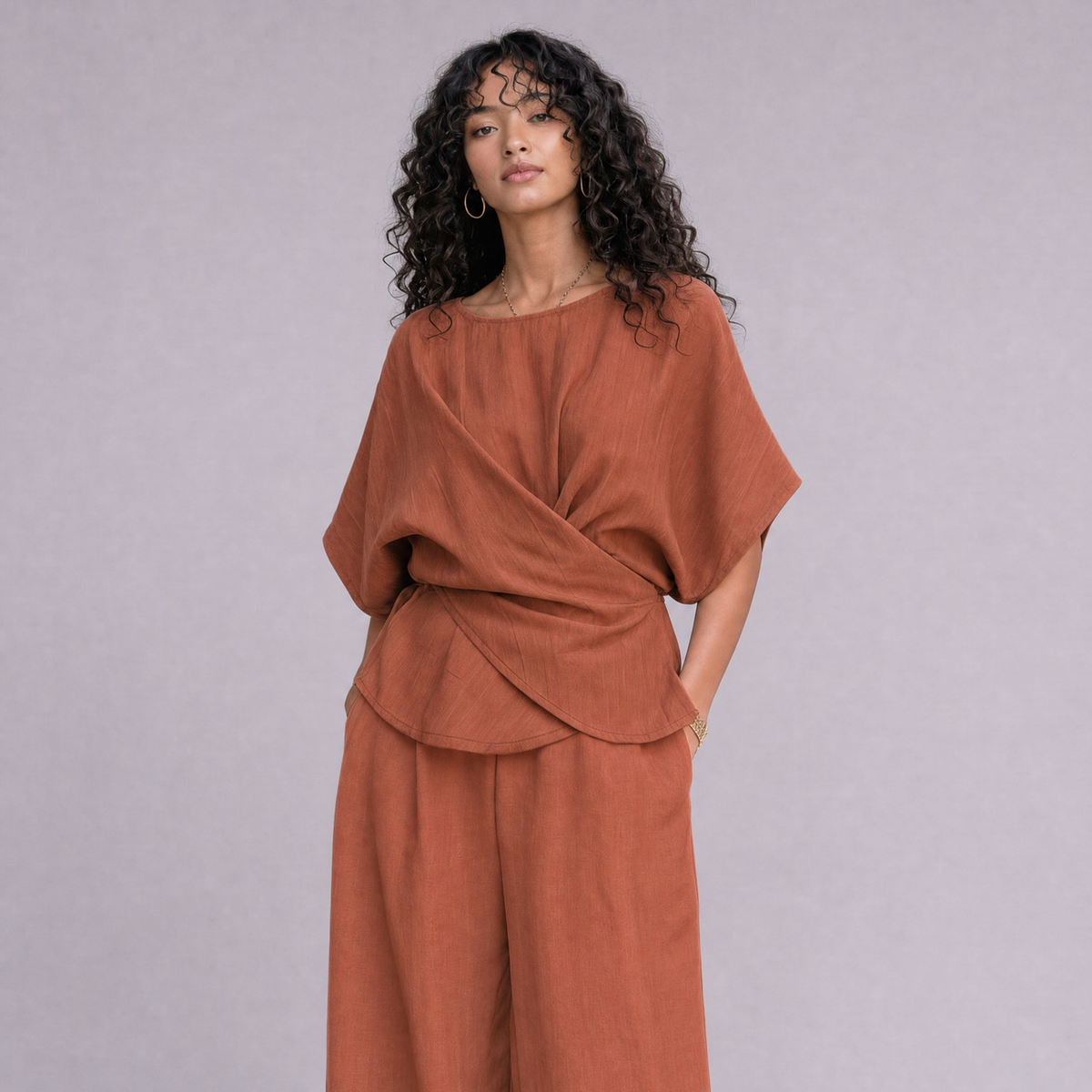 Linen Wrap-Front Top & Wide Leg Trouser Co-ord Set in Terracotta, Ratń Swamini