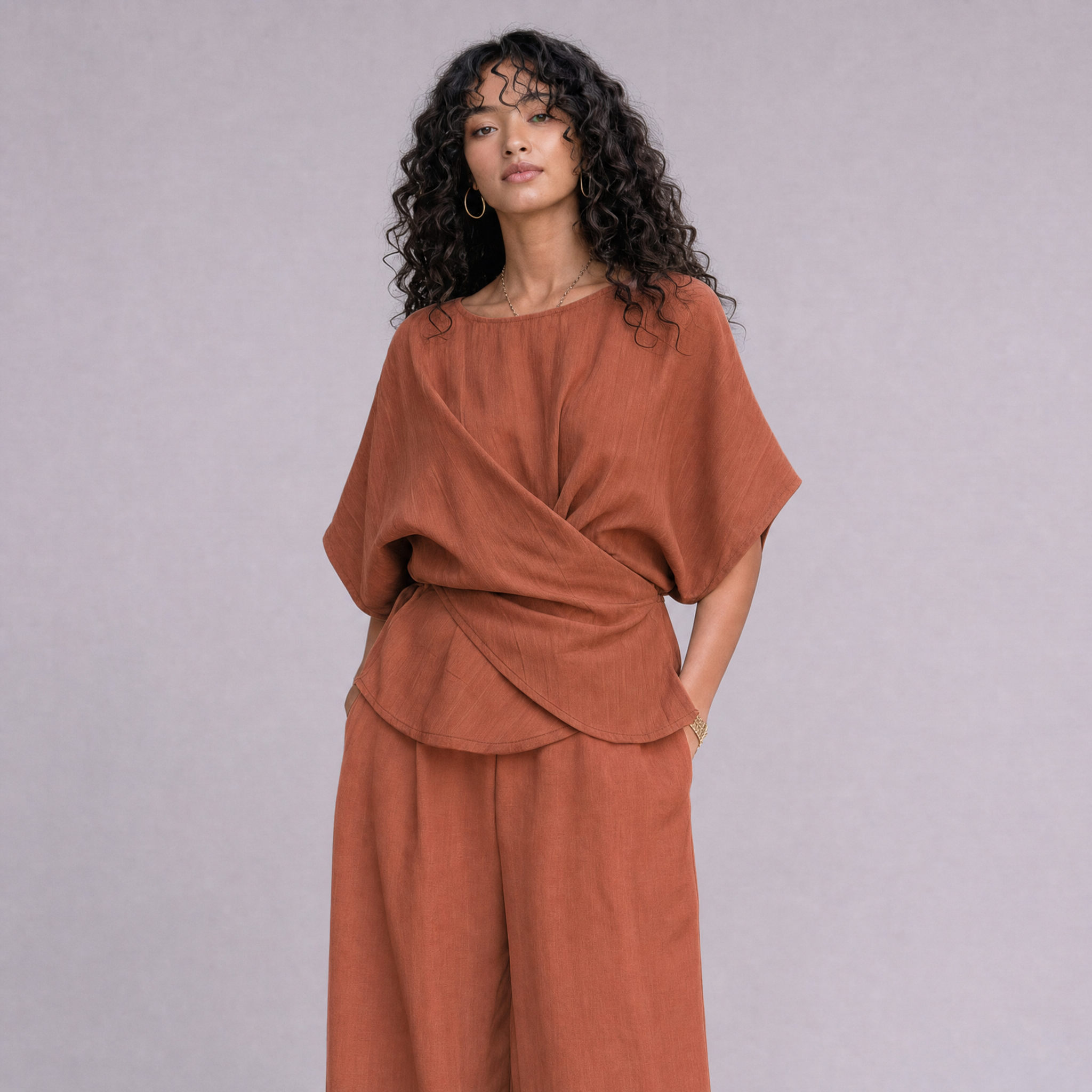 Linen Wrap-Front Top & Wide Leg Trouser Co-ord Set in Terracotta, Ratń Swamini