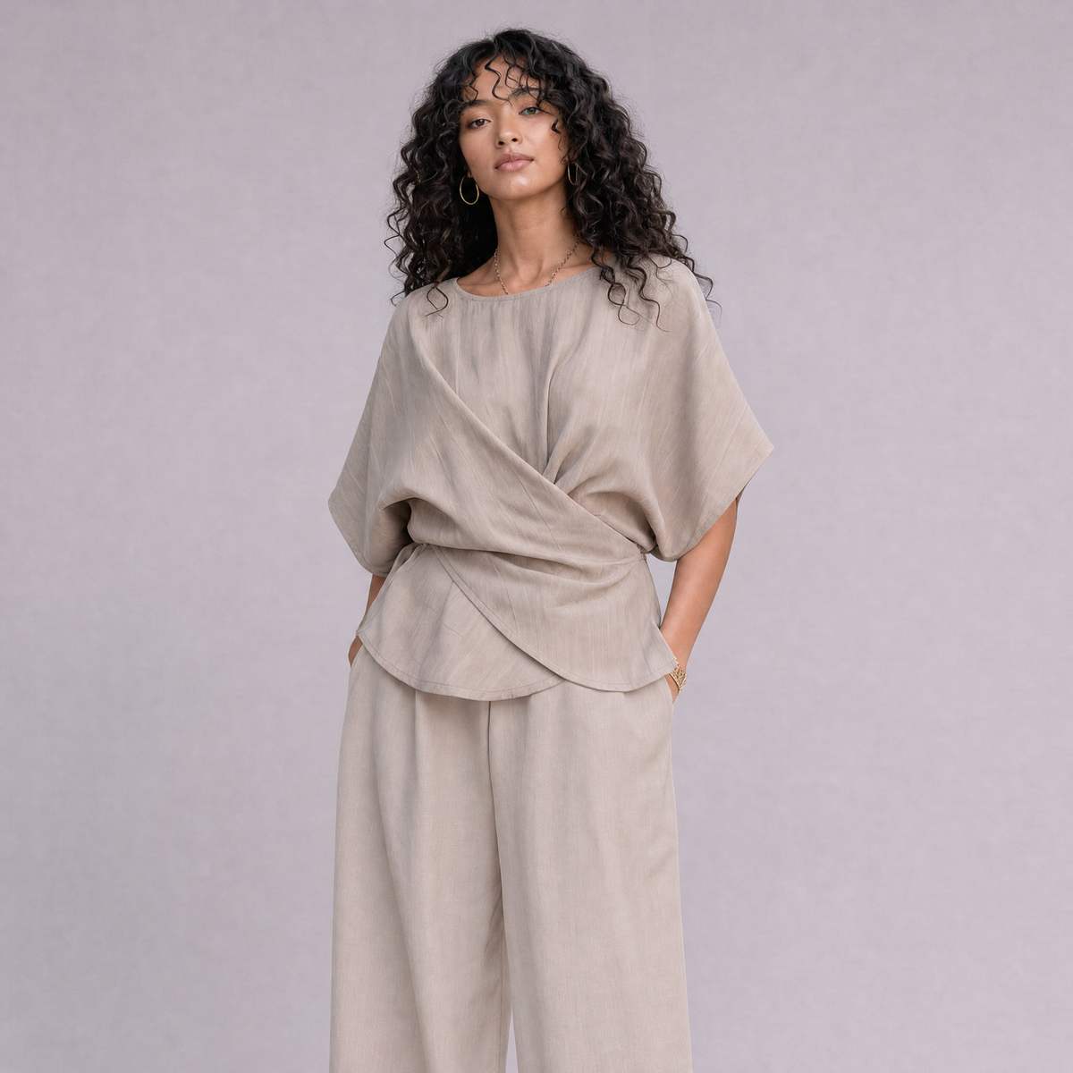 Linen Wrap-Front Top & Wide Leg Trouser Co-ord Set in Natural, Ratń Swamini