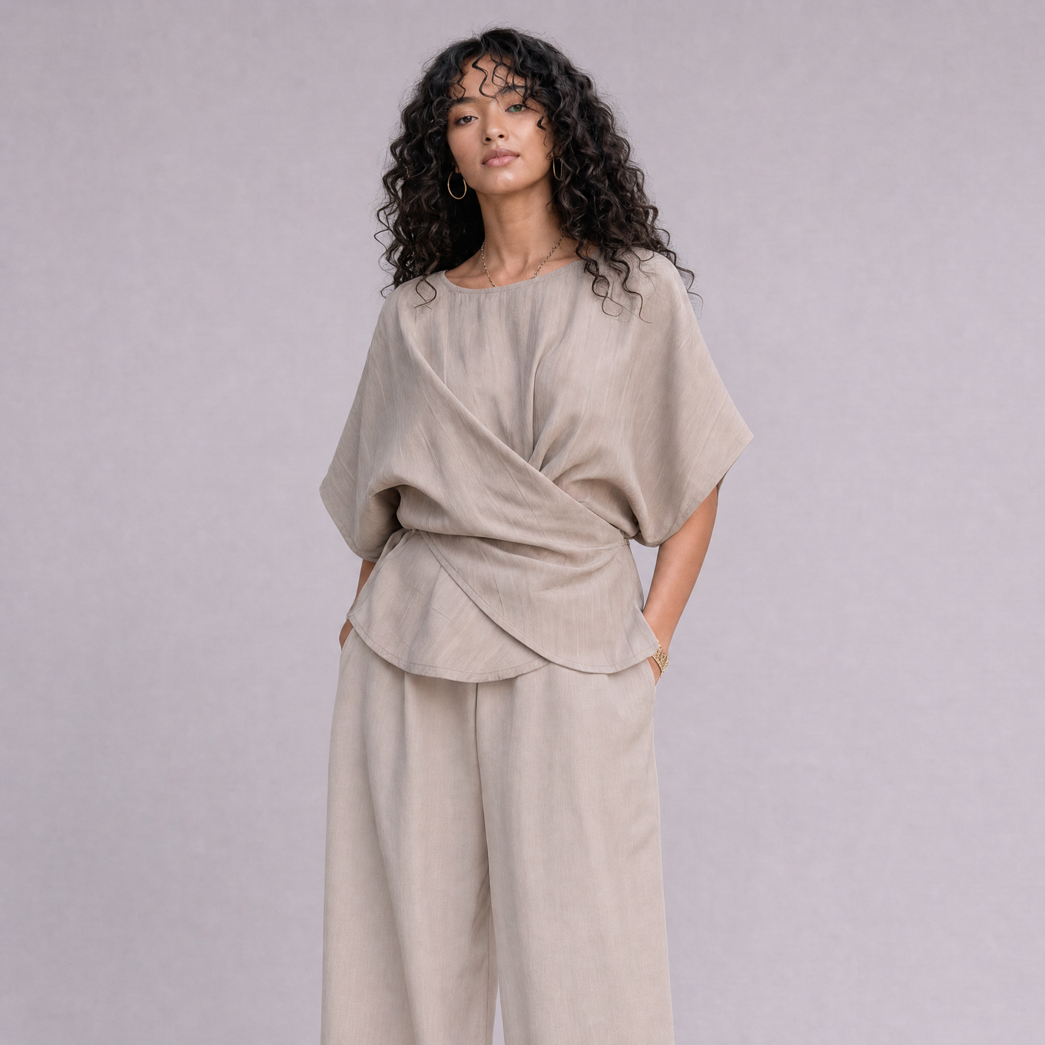 Linen Wrap-Front Top & Wide Leg Trouser Co-ord Set in Natural, Ratń Swamini