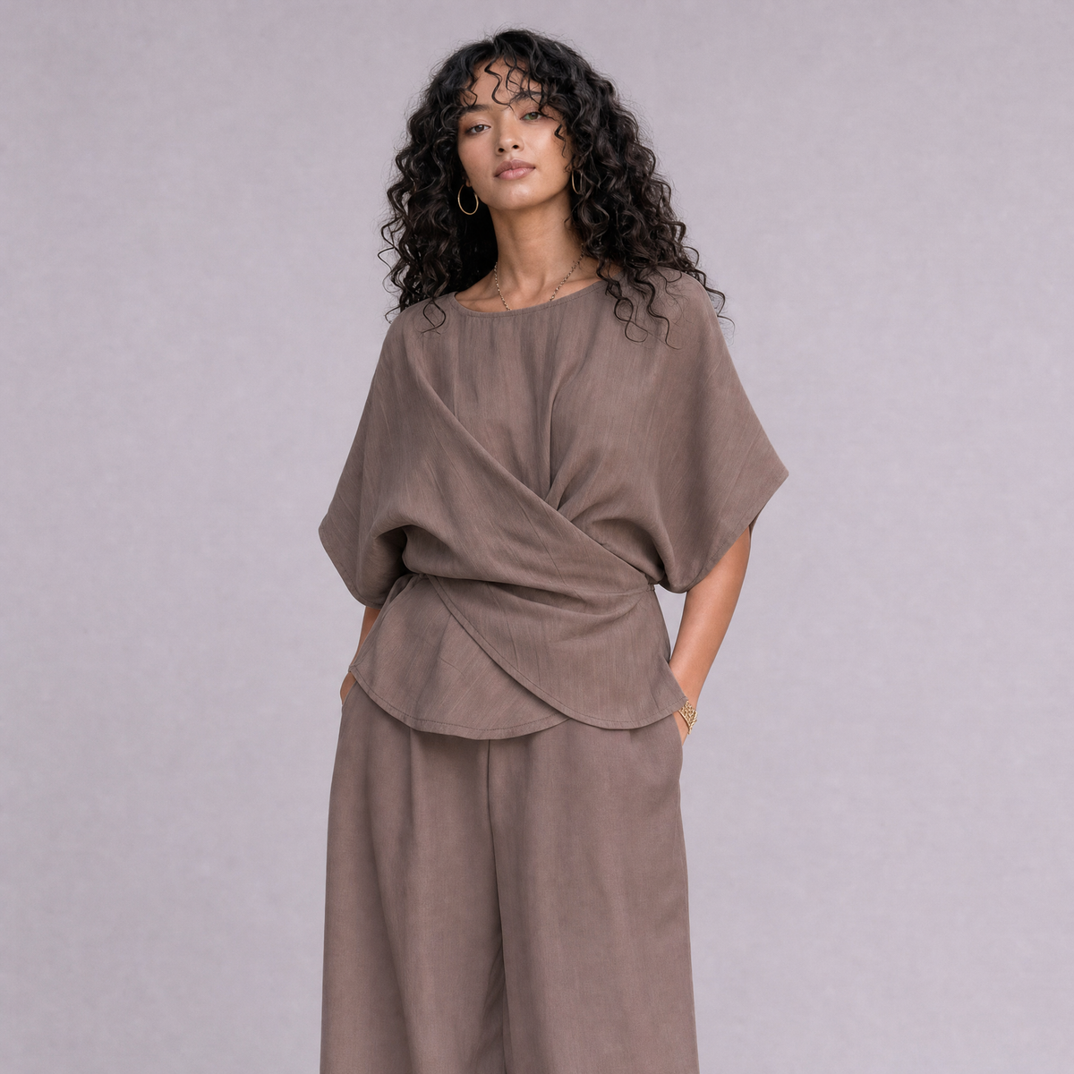 Linen Wrap-Front Top & Wide Leg Trouser Co-ord Set in Burntwood, Ratń Swamini