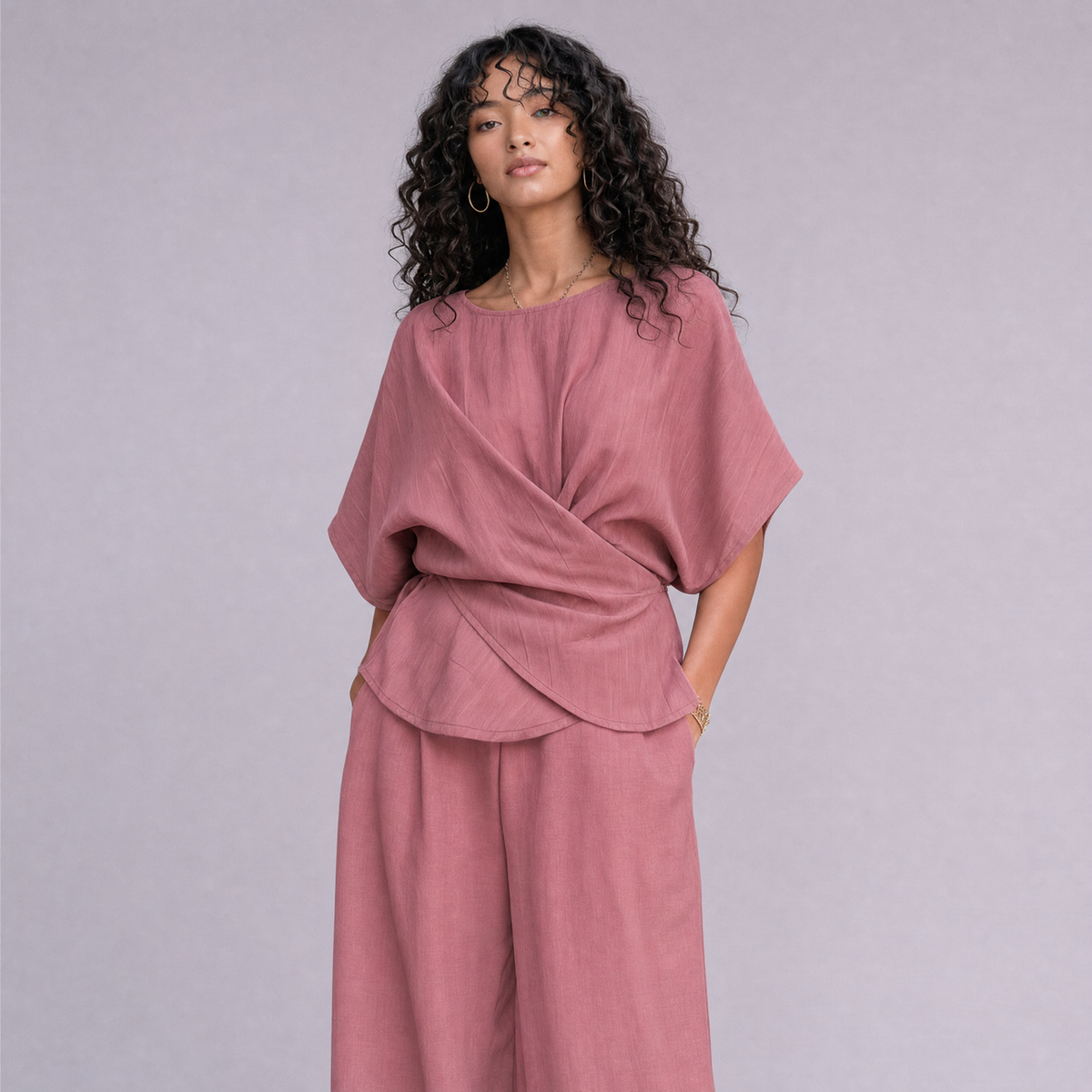 Linen Wrap-Front Top & Wide Leg Trouser Co-ord Set in Dusty Rose, Ratń Swamini
