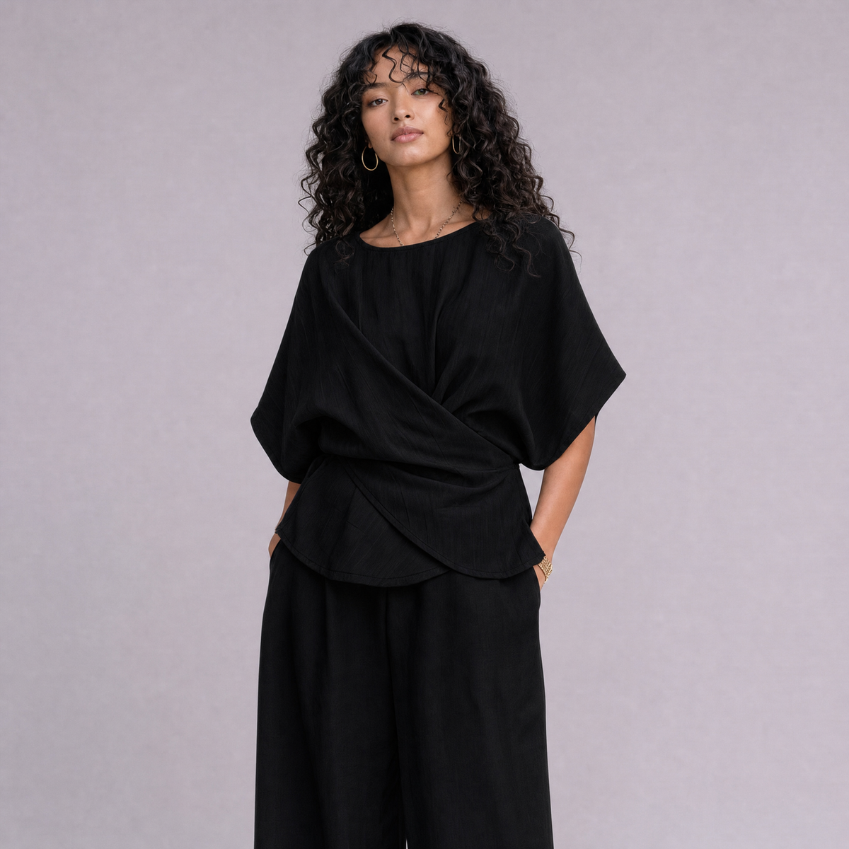Linen Wrap-Front Top & Wide Leg Trouser Co-ord Set in Black, Ratń Swamini