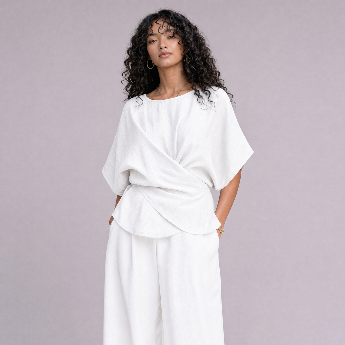 Linen Wrap-Front Top & Wide Leg Trouser Co-ord Set in White, Ratń Swamini