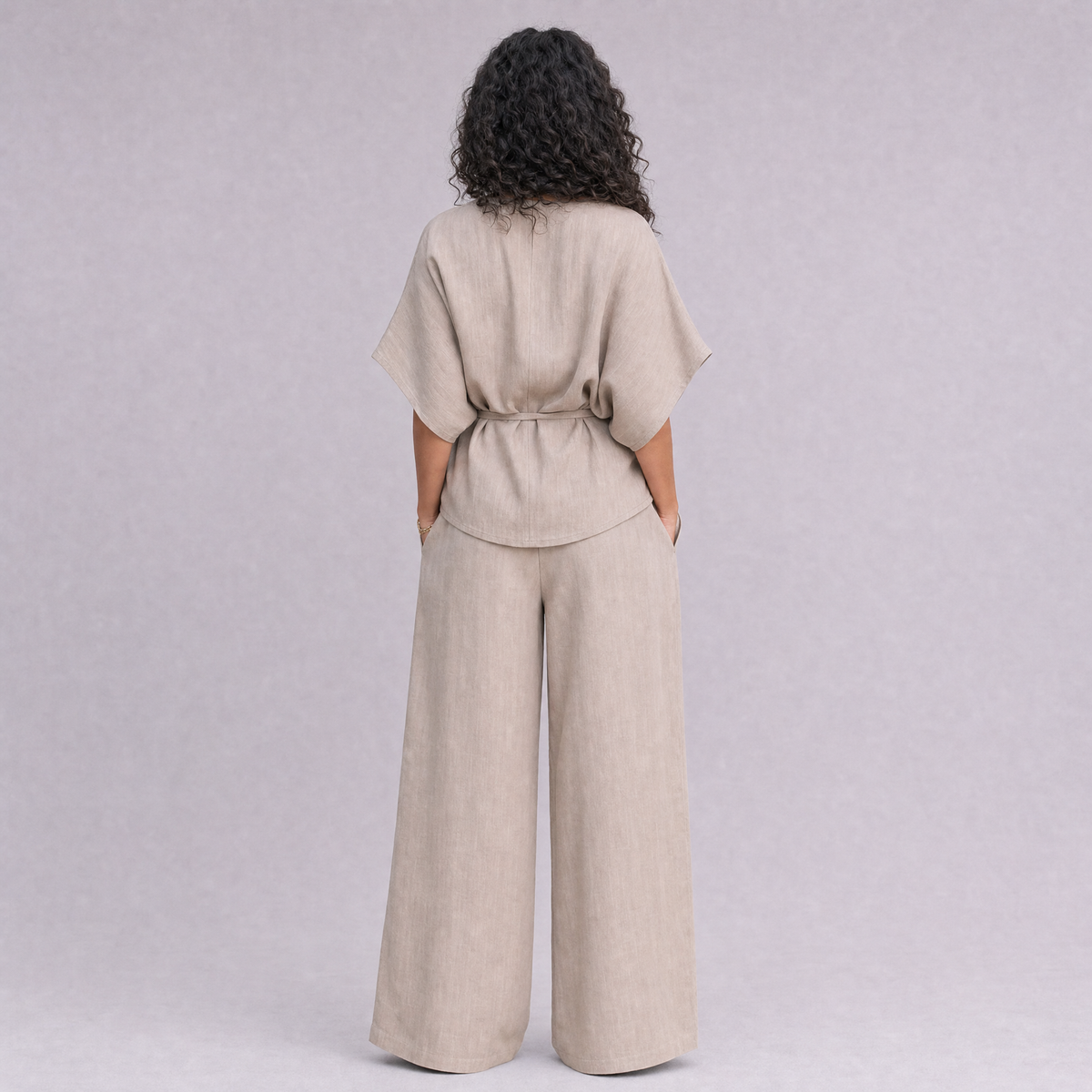 Linen Wrap-Front Top & Wide Leg Trouser Co-ord Set in Natural, Ratń Swamini