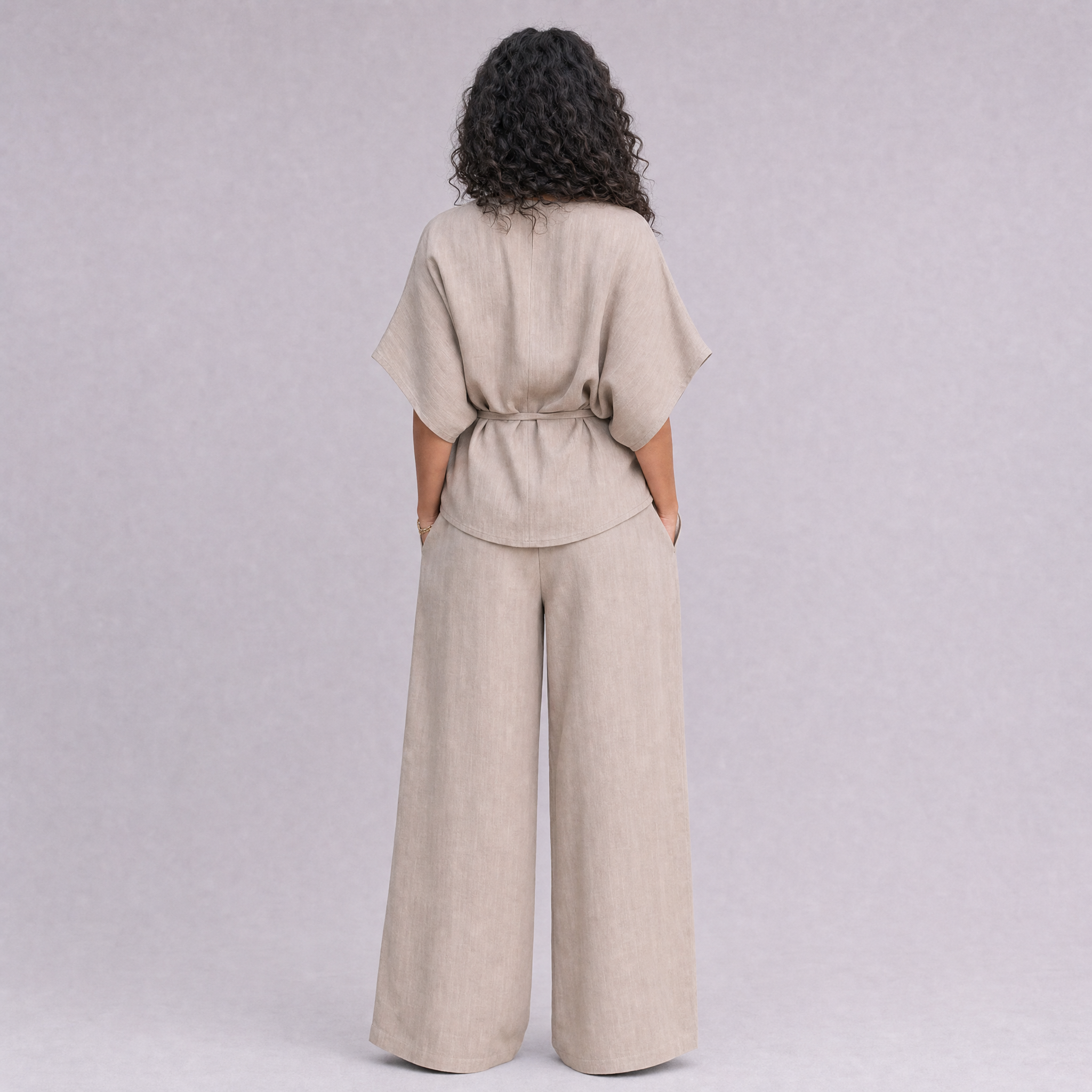 Linen Wrap-Front Top & Wide Leg Trouser Co-ord Set in Natural, Ratń Swamini