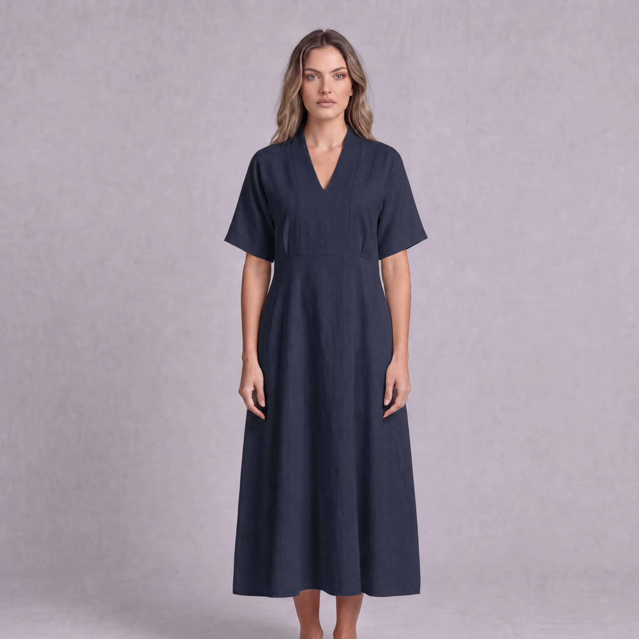 Linen Empire Waist Dress in Navy Blue, Ratń Swamini