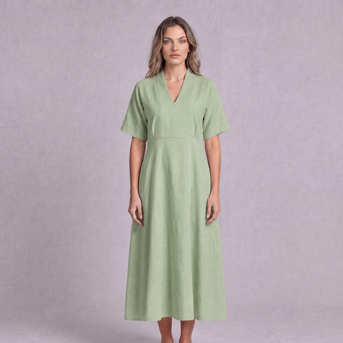 Linen Empire Waist Dress in Sage Green, Ratń Swamini