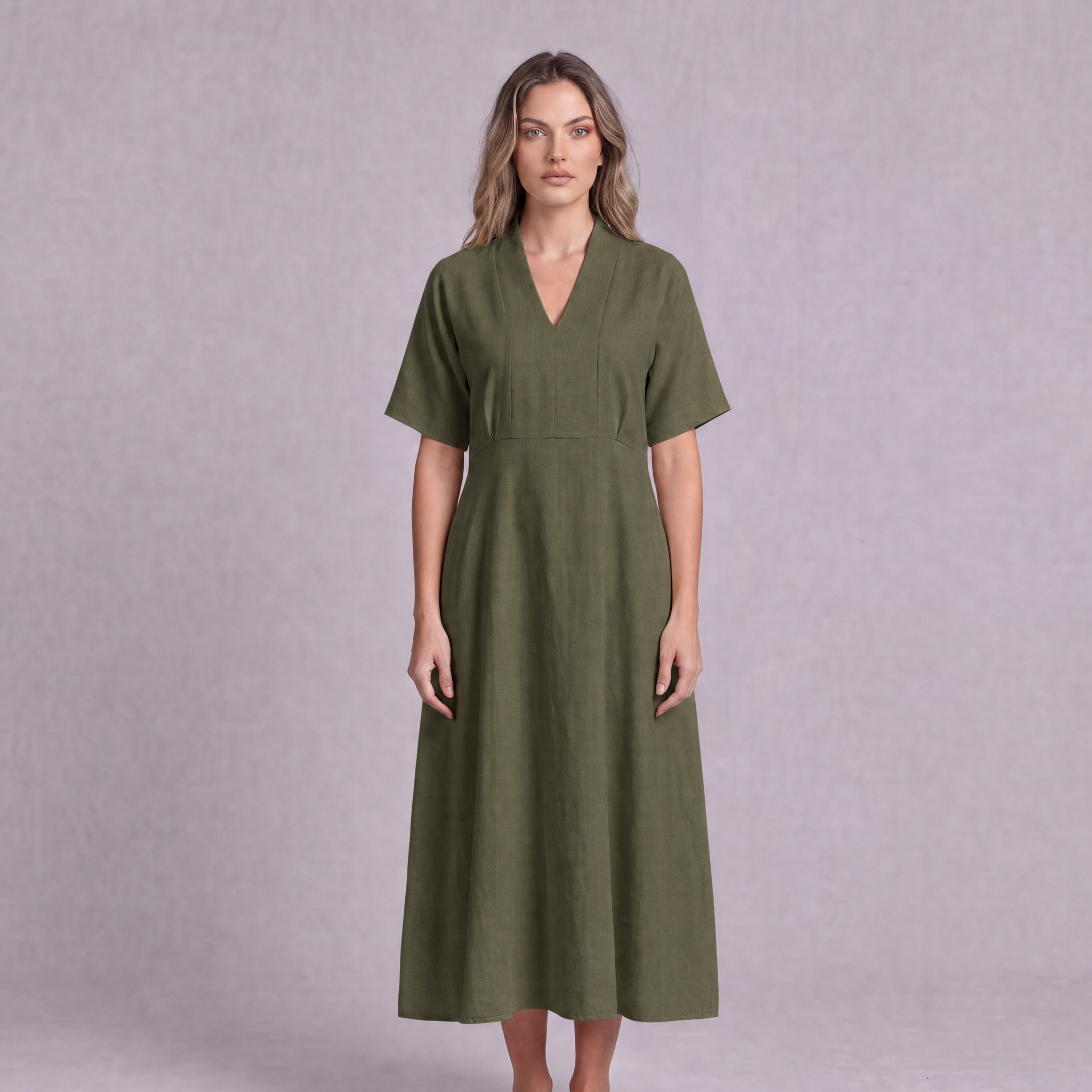 Linen Empire Waist Dress in Moss Green, Ratń Swamini