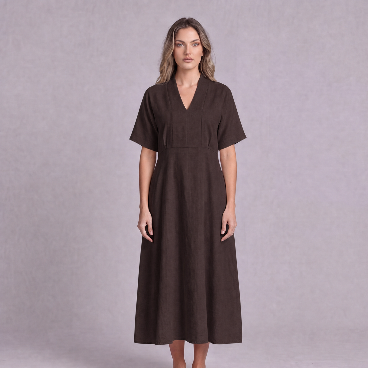 Linen Empire Waist Dress in Chocolate Brown, Ratń Swamini