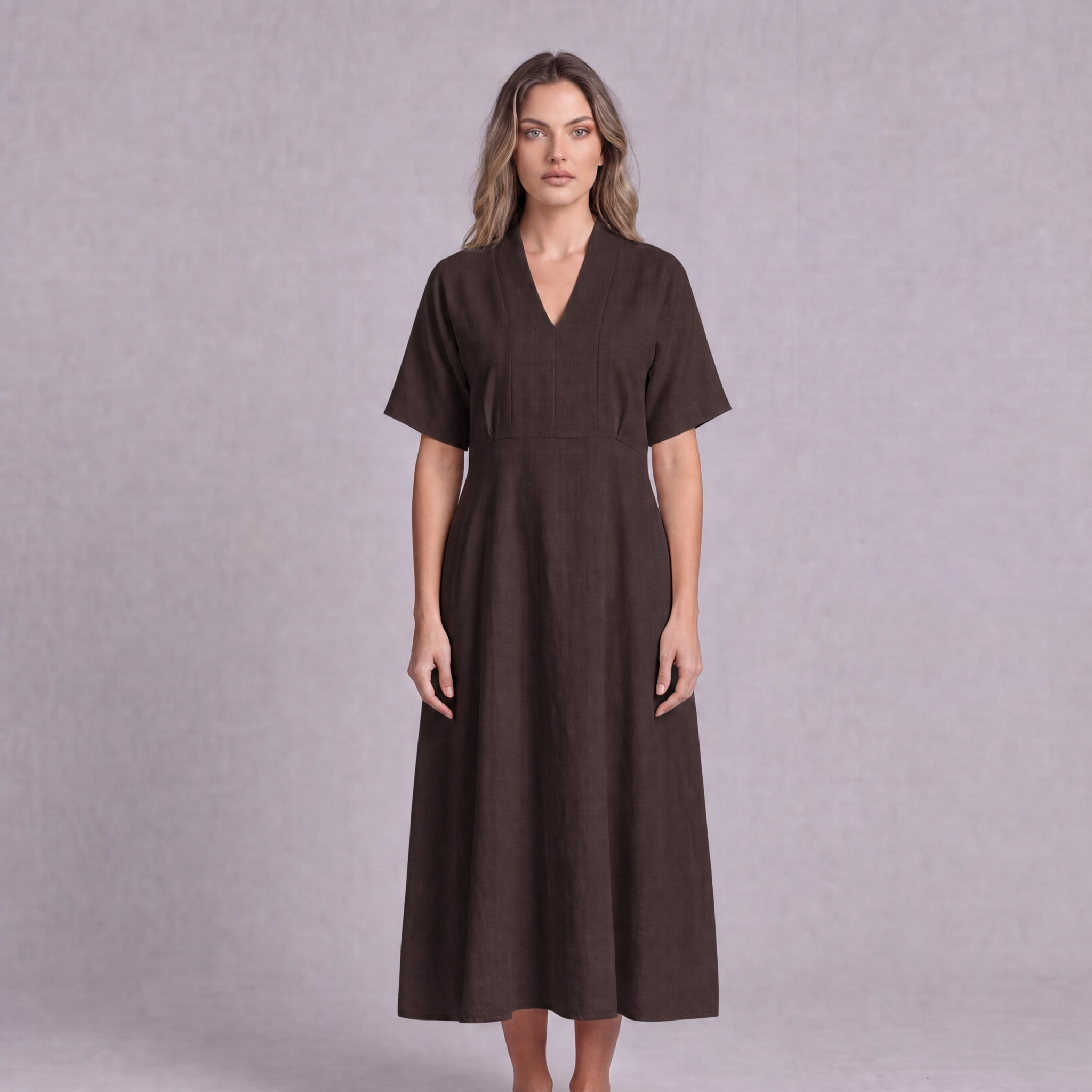 Linen Empire Waist Dress in Chocolate Brown, Ratń Swamini