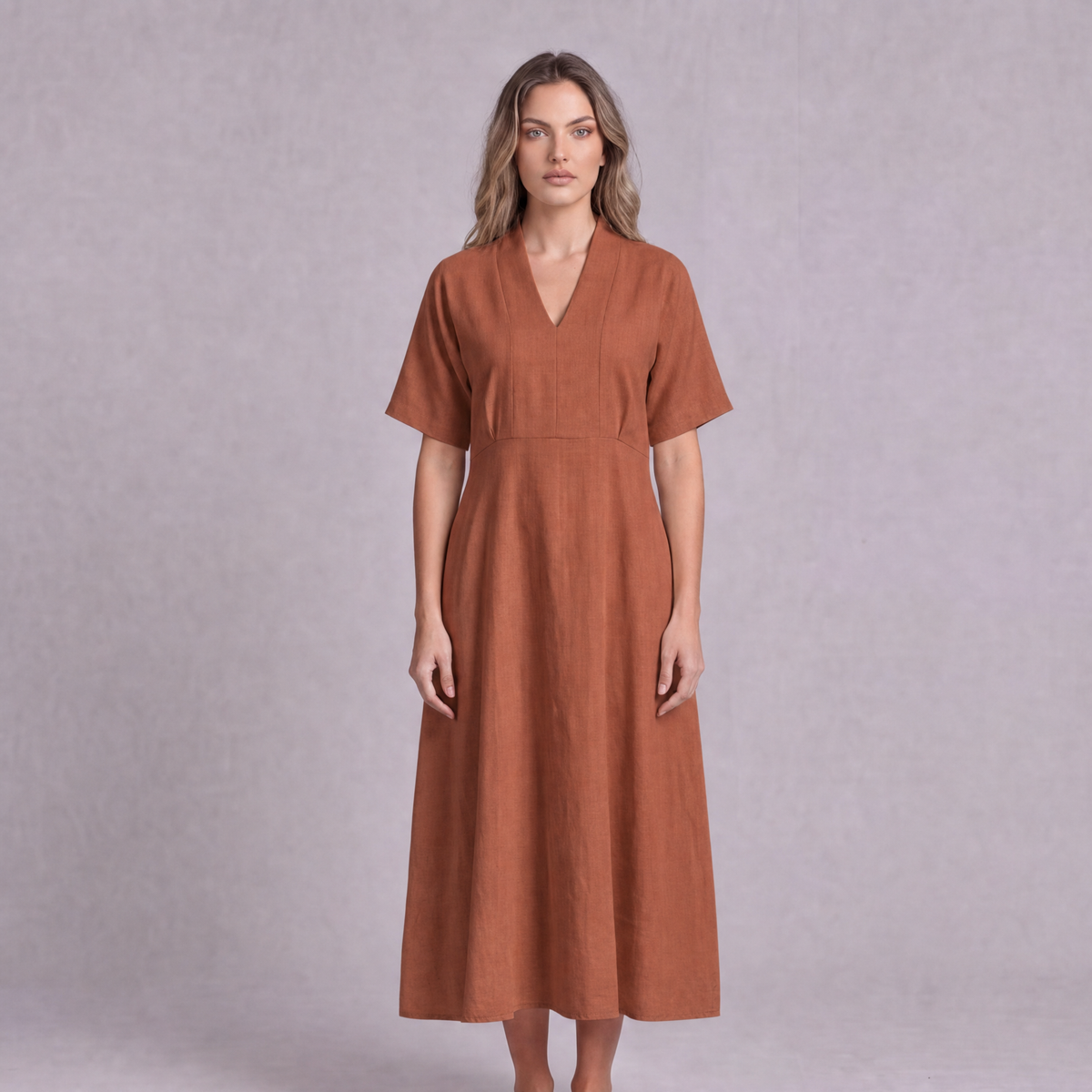 Linen Empire Waist Dress in Terracotta, Ratń Swamini