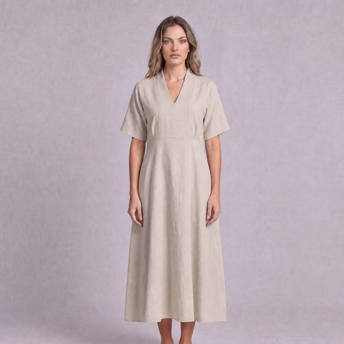 Linen Empire Waist Dress in Natural, Ratń Swamini