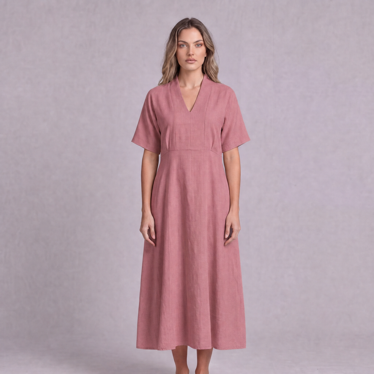 Linen Empire Waist Dress in Dusty Rose, Ratń Swamini