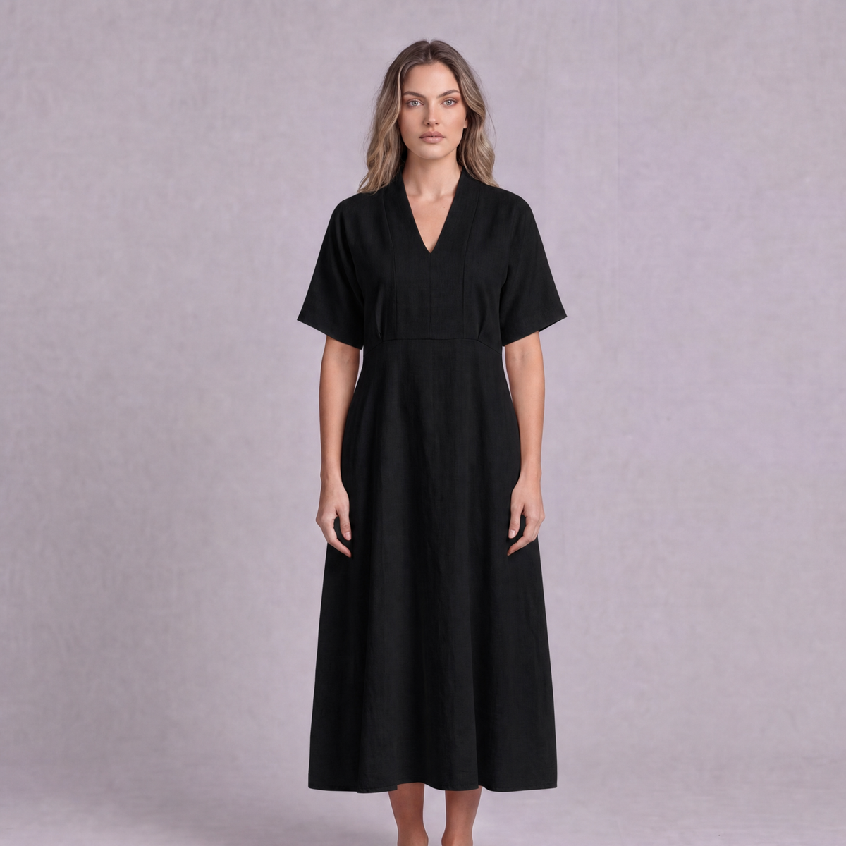 Linen Empire Waist Dress in Black, Ratń Swamini