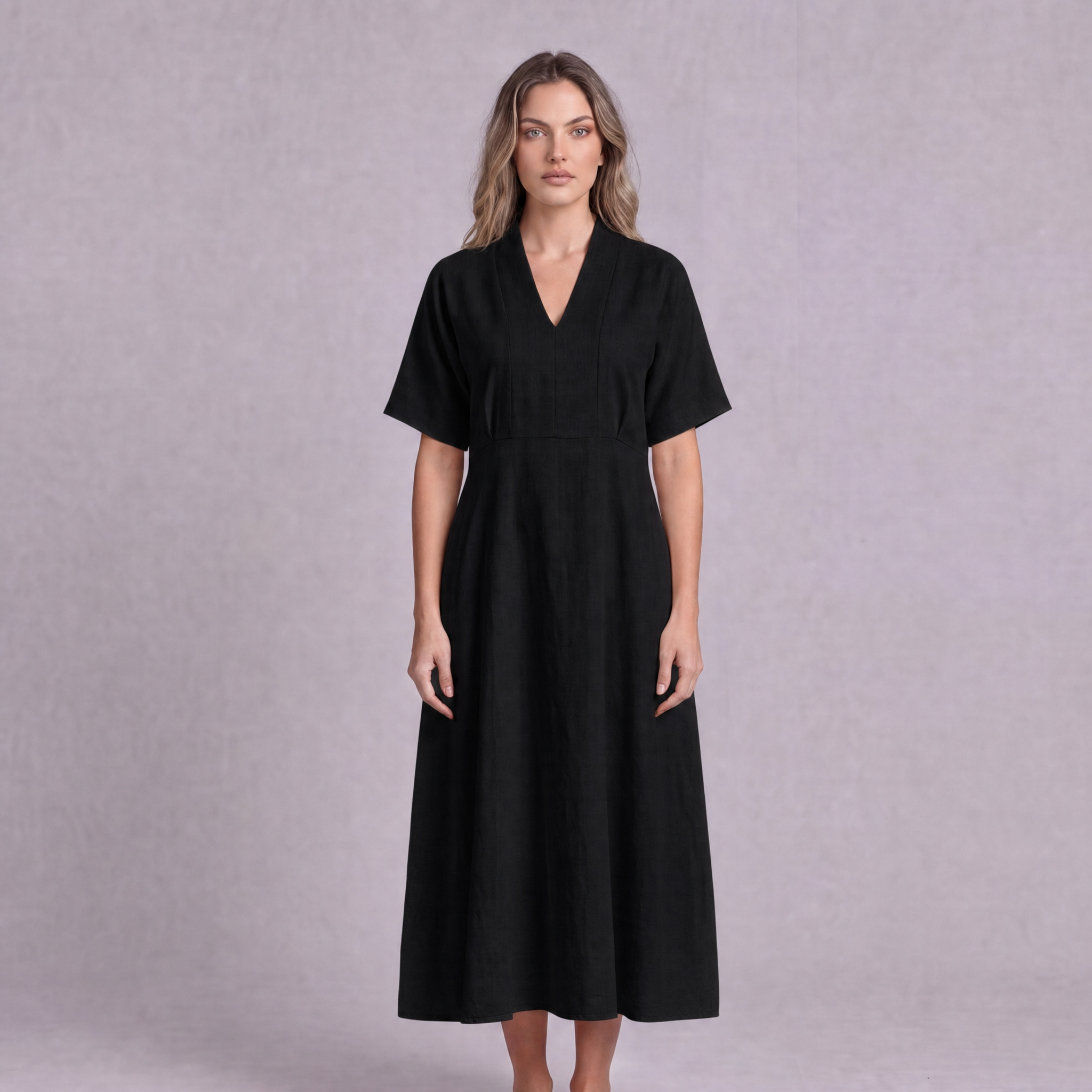 Linen Empire Waist Dress in Black, Ratń Swamini