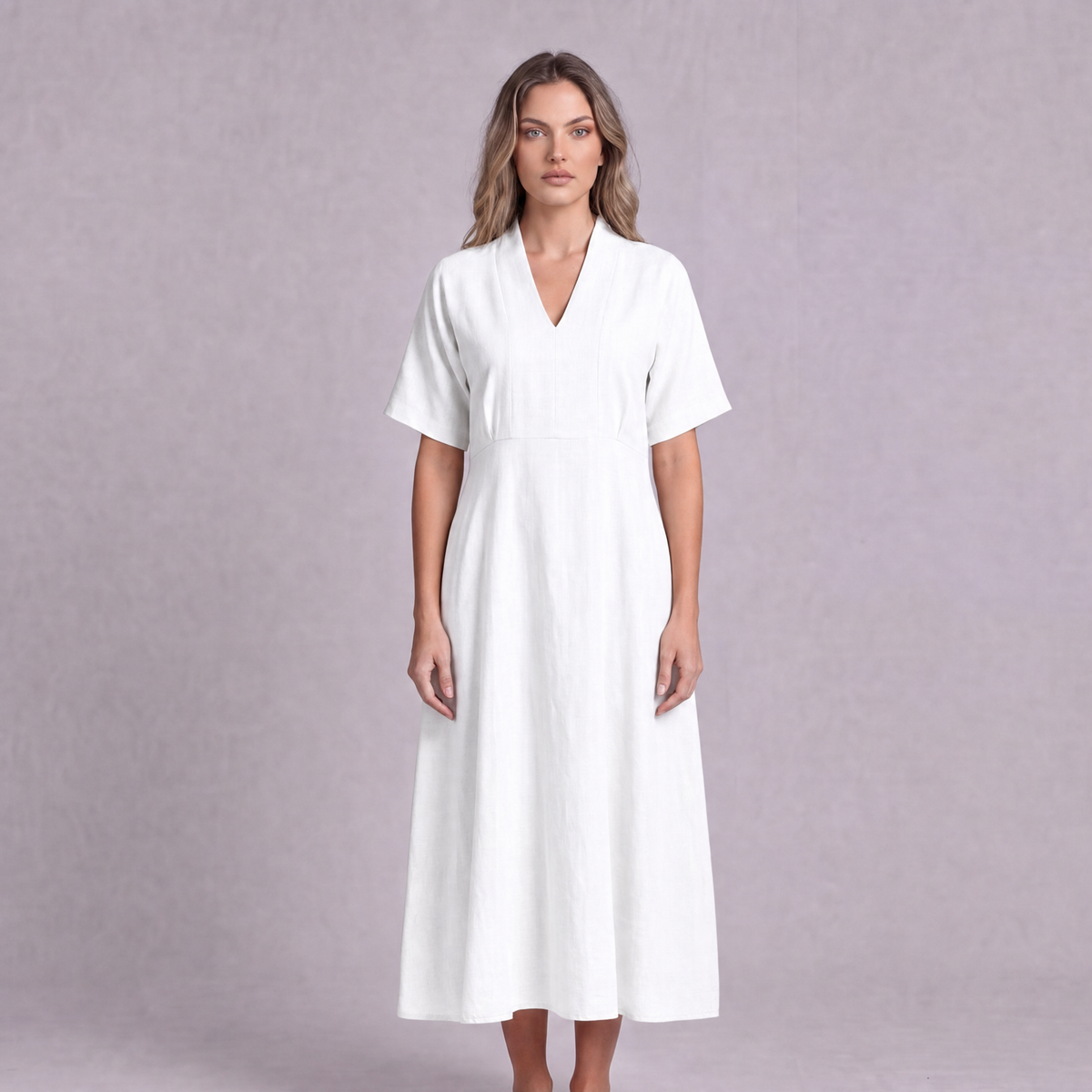 Linen Empire Waist Dress in White, Ratń Swamini