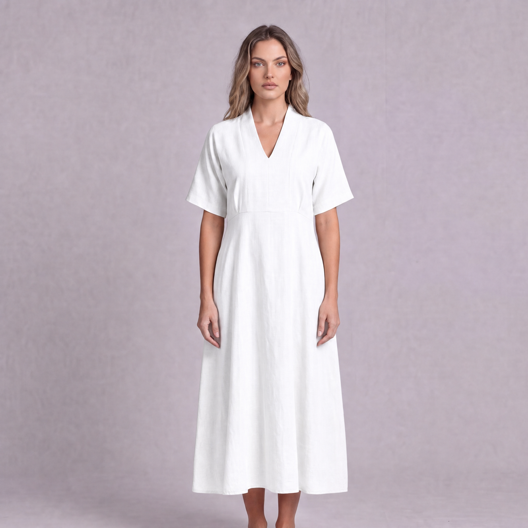 Linen Empire Waist Dress in White, Ratń Swamini