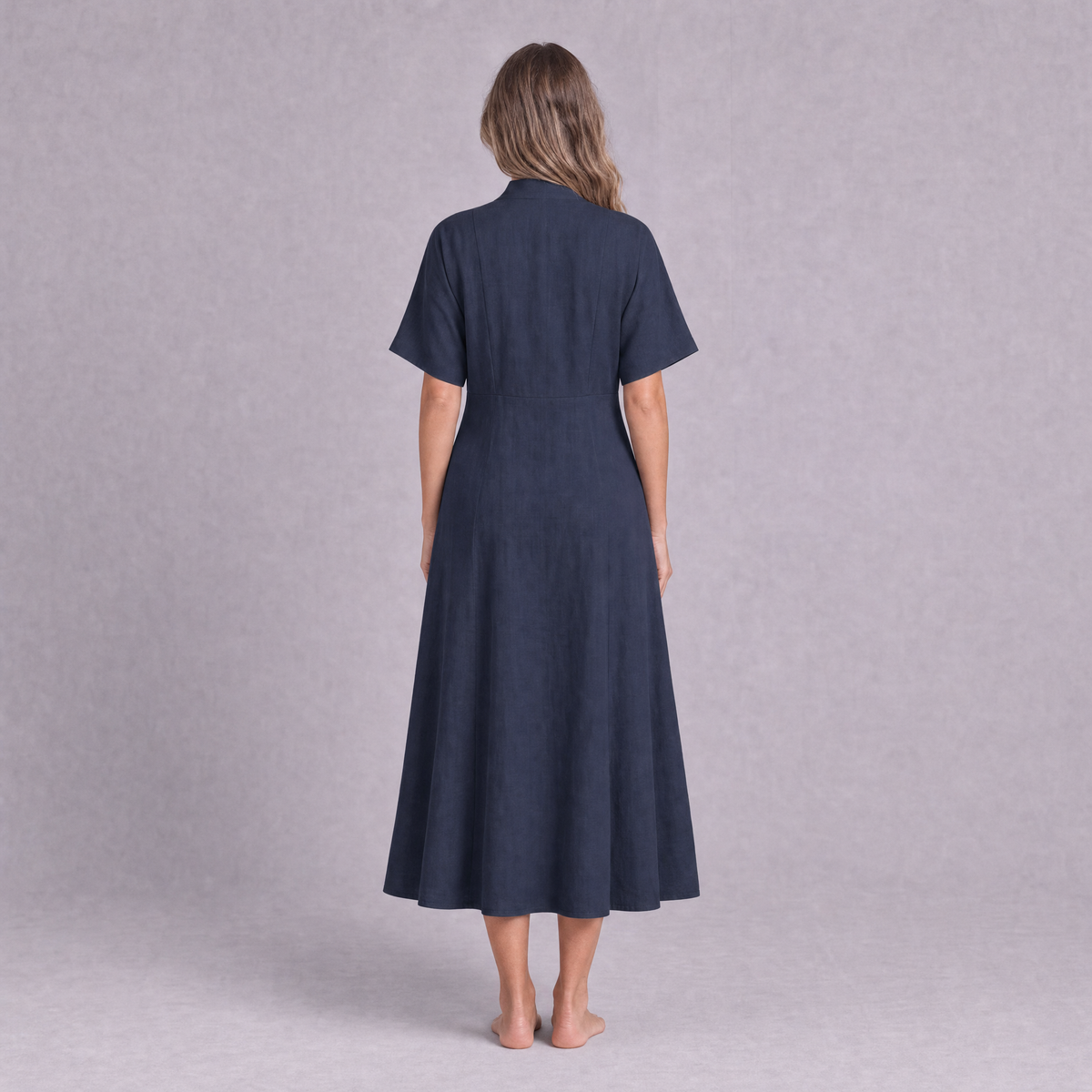 Linen Empire Waist Dress in Navy Blue, Ratń Swamini
