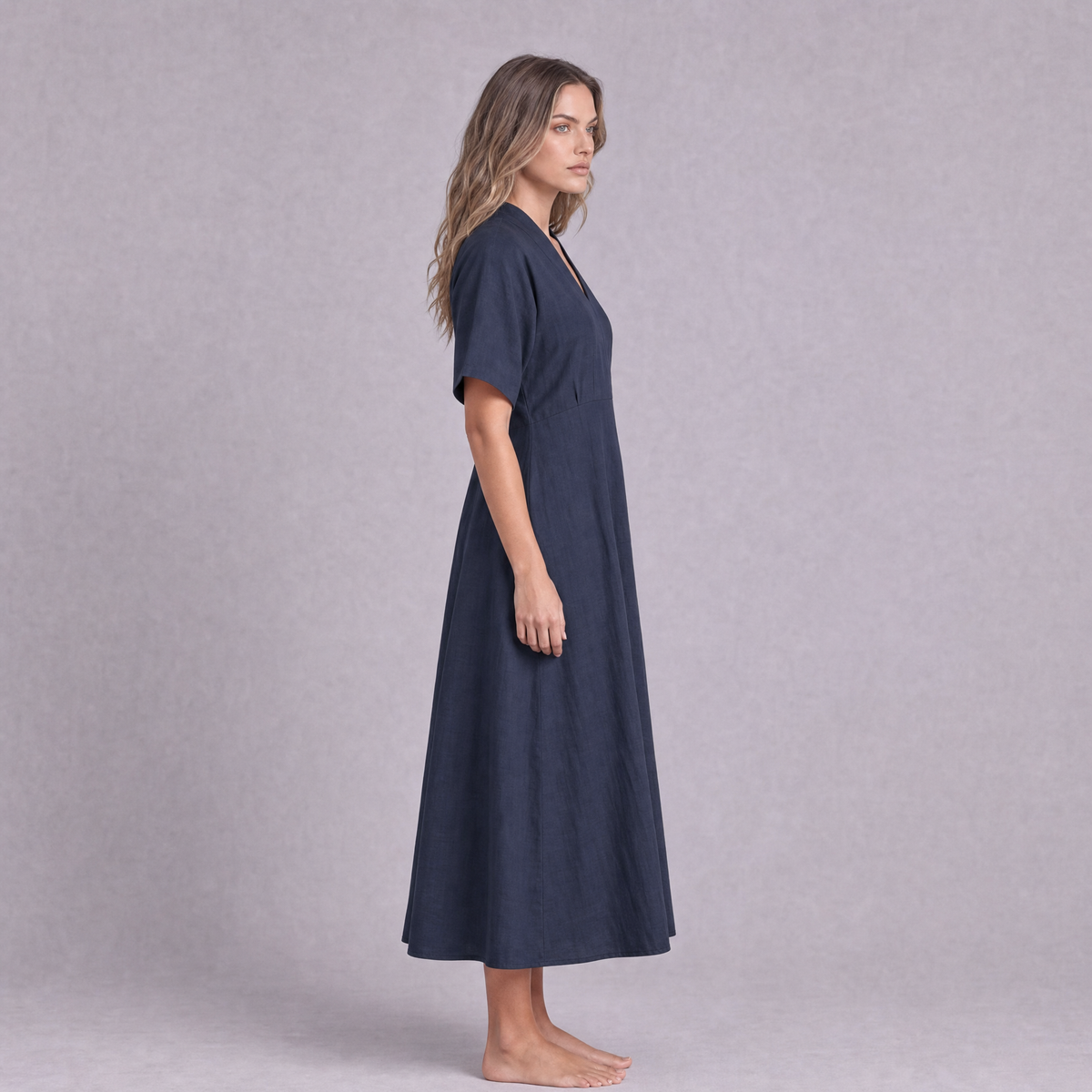 Linen Empire Waist Dress in Navy Blue, Ratń Swamini