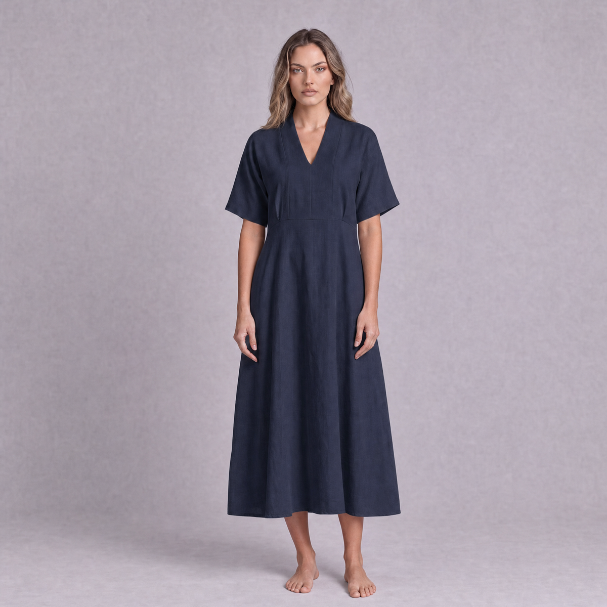 Linen Empire Waist Dress in Navy Blue, Ratń Swamini