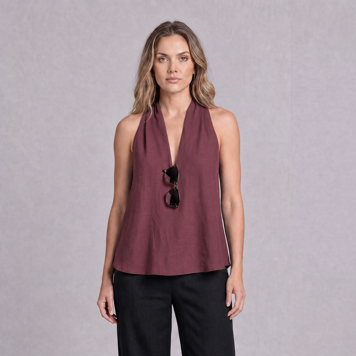 Linen Halter Neck Top in Garnet, Ratń Swamini